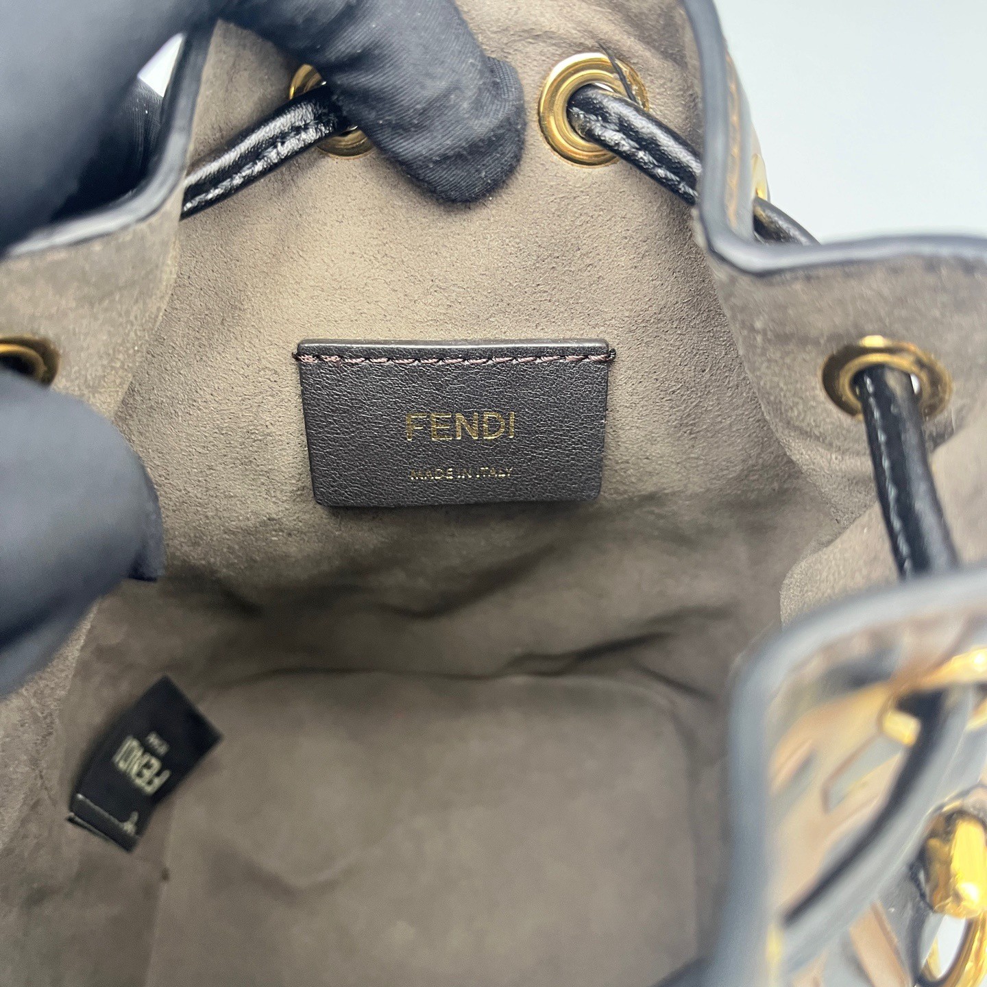 FENDI Mon Tresor Bucket Crossbody Bag FF Mini Black Brown Embossed Leather Gold