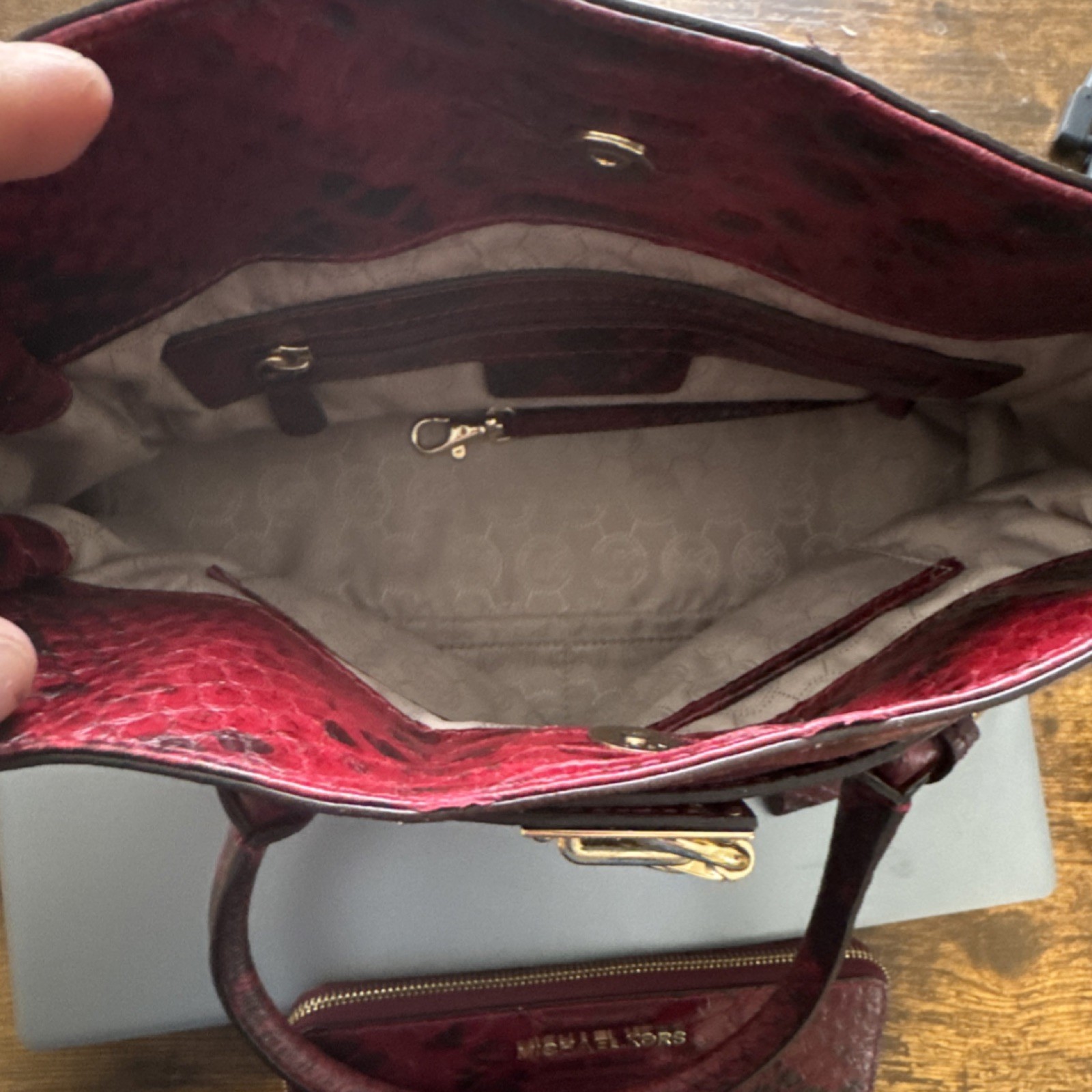 Michael Kors Bordeaux Red Snake Print Satchel Gold Hardware Turn Lock Wallet