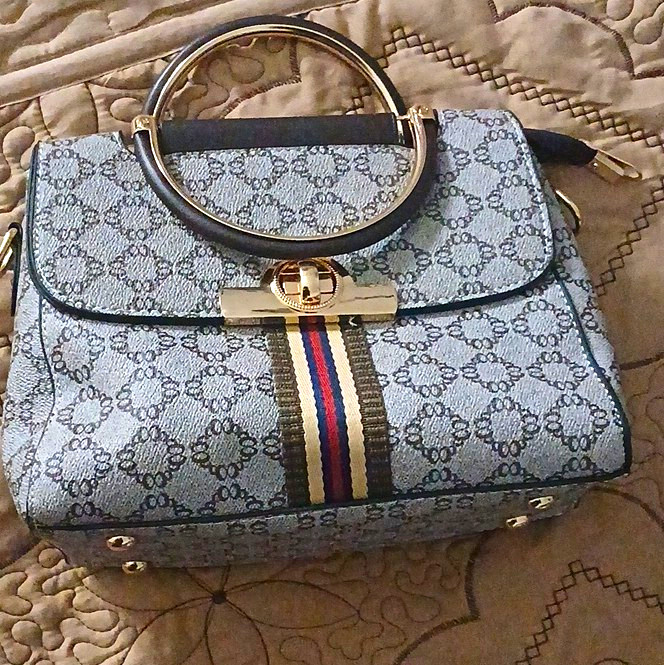 Women’s Gray Geometric Satchel Top Handle Turn-Lock Zip, Detachable Strap
