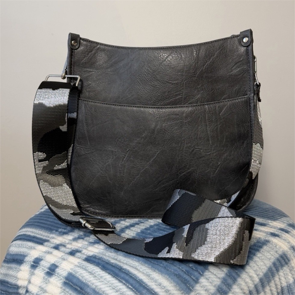 Black Medium Crossbody Shoulder Bag, Detachable Camo Strap, Zip/Magnetic