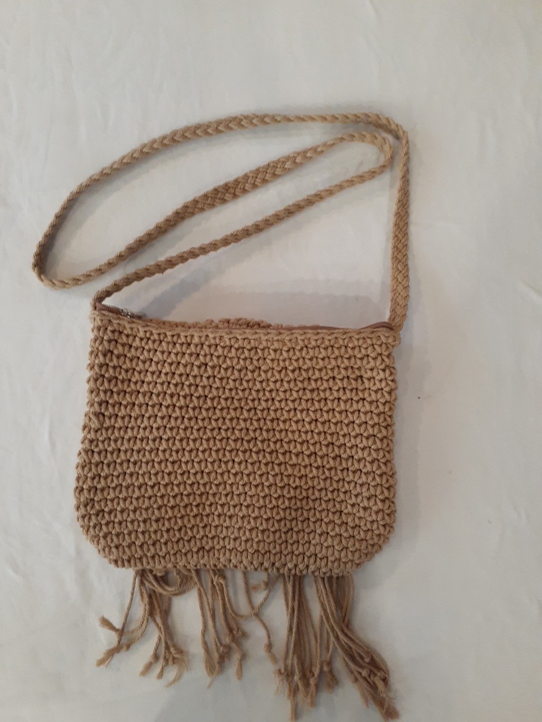 Woven Handbag Crochet Crossbody Purse Fringe Open Weave Boho Festival Bag Zipper