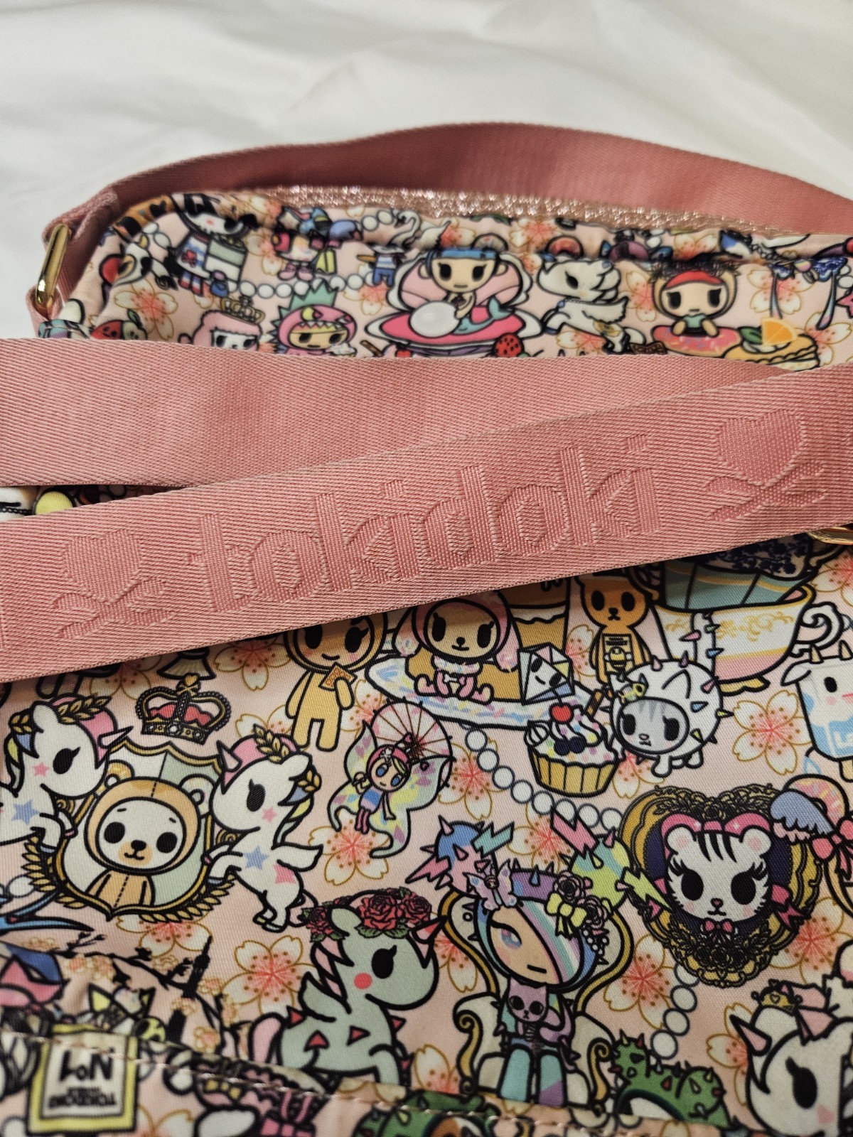 tokidoki Character Print Zip Crossbody Bag Multicolor Pink Strap 9×9