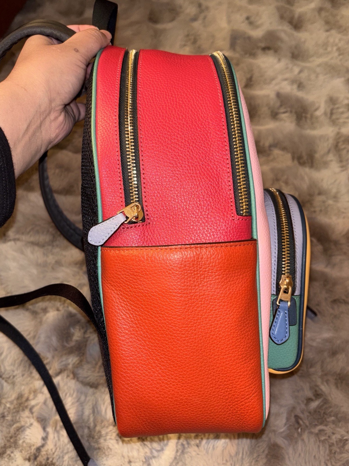 Coach Colorblock Zip Backpack Pink Yellow Orange Red Blue Gold Hardware
