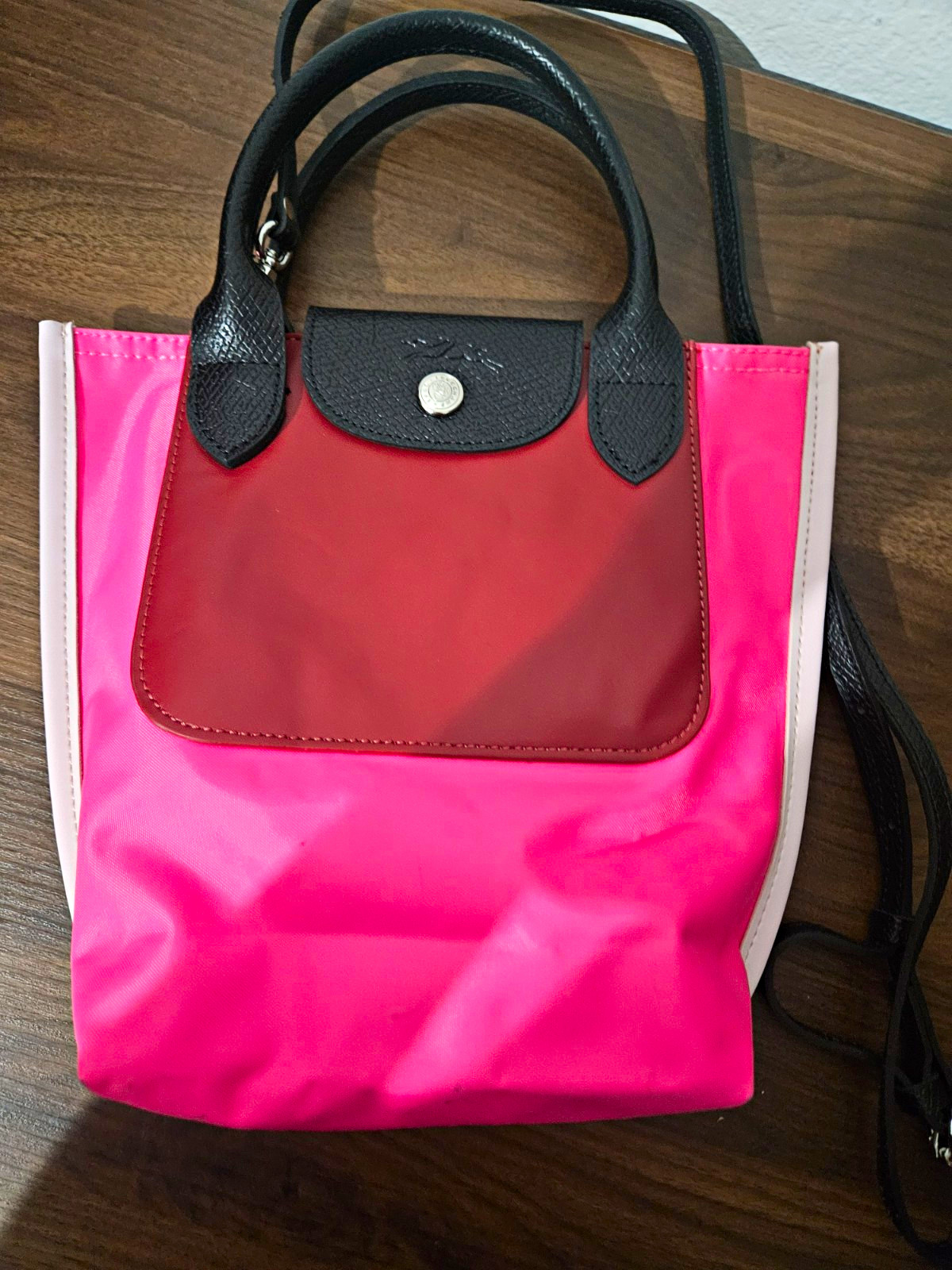 Longchamp Le Pliage Small Pink Colorblock Top Handle Bag Detachable Strap