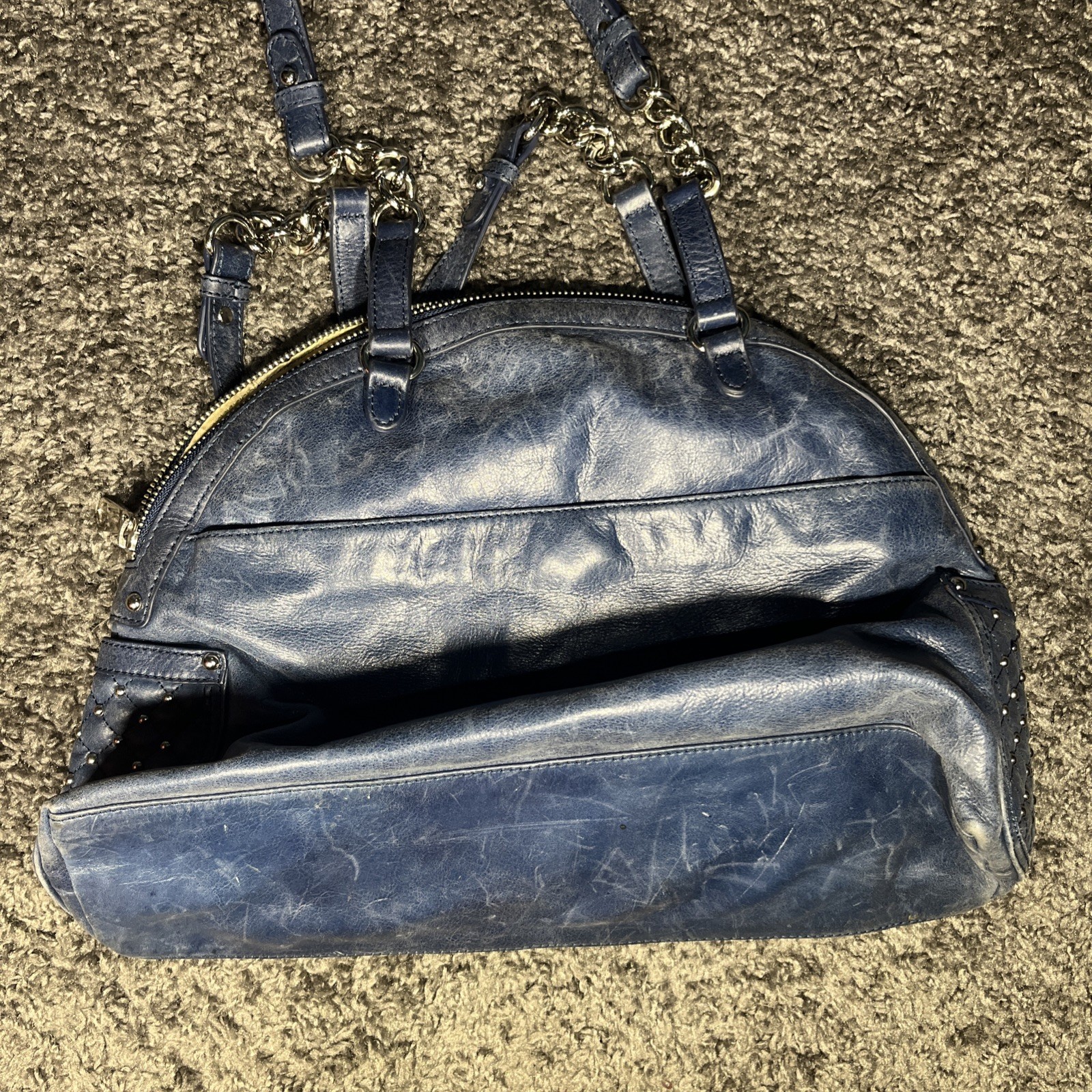 Dark Blue leather studded silver BADGLEY MISCHKA American Glamour shoulder bag