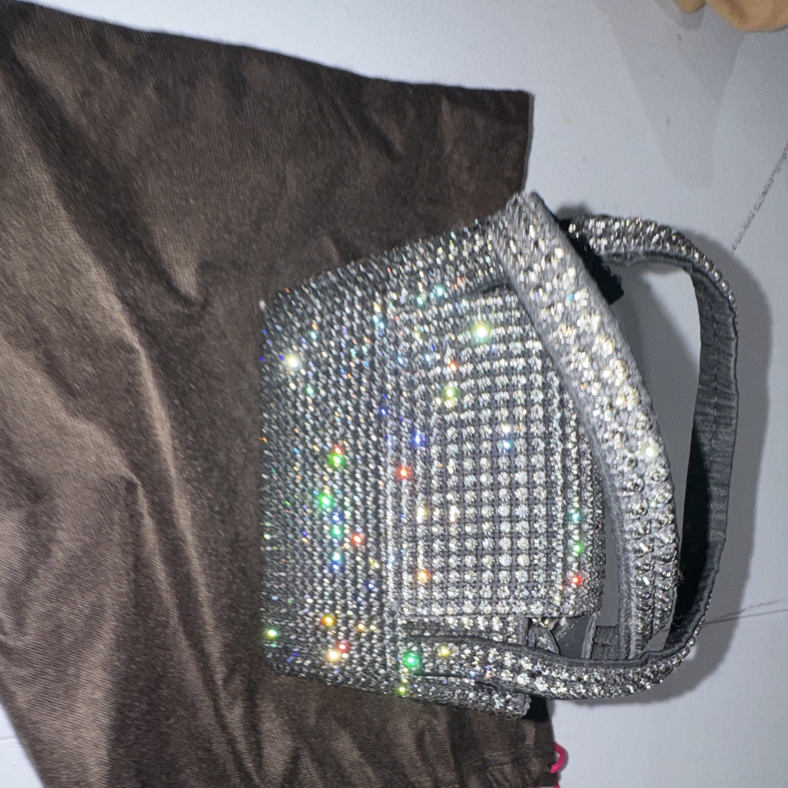 Silver Solid Rhinestone Mini Top Handle Bag Chain Strap, Magnetic, Dust Bag