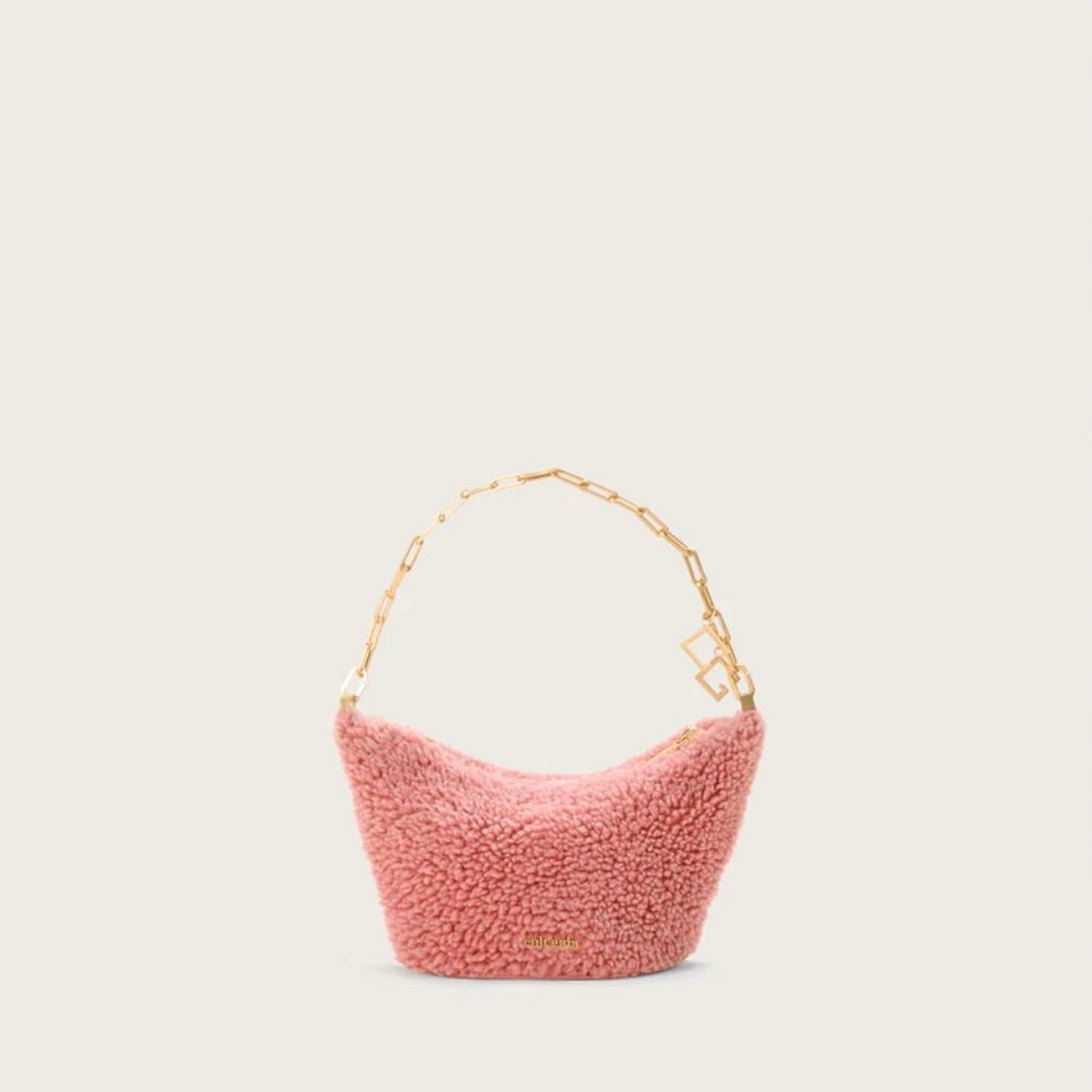 NWT Cult Gaia Pink Shearling Gia Shoulder Bag With Gold Chain Strap