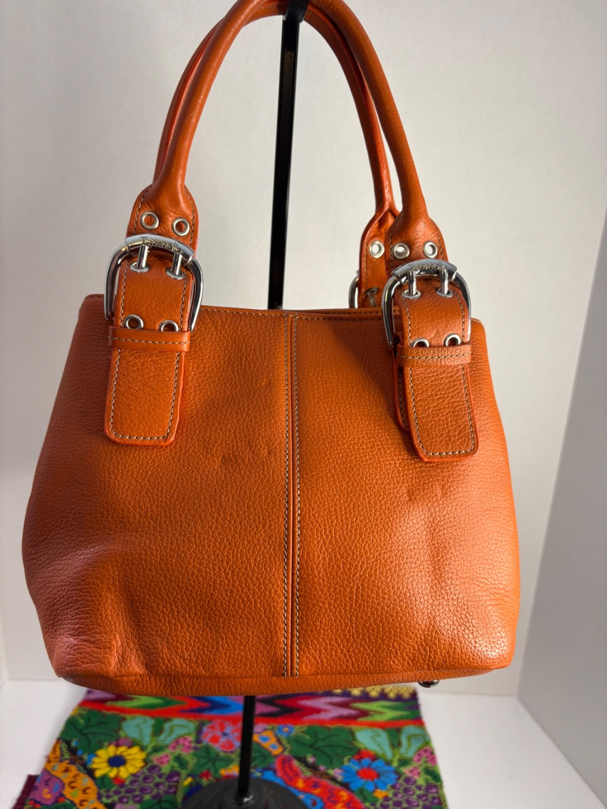Tignanello Women’s Orange Leather Top Handle Branded Buckle Handbag Purse EUC