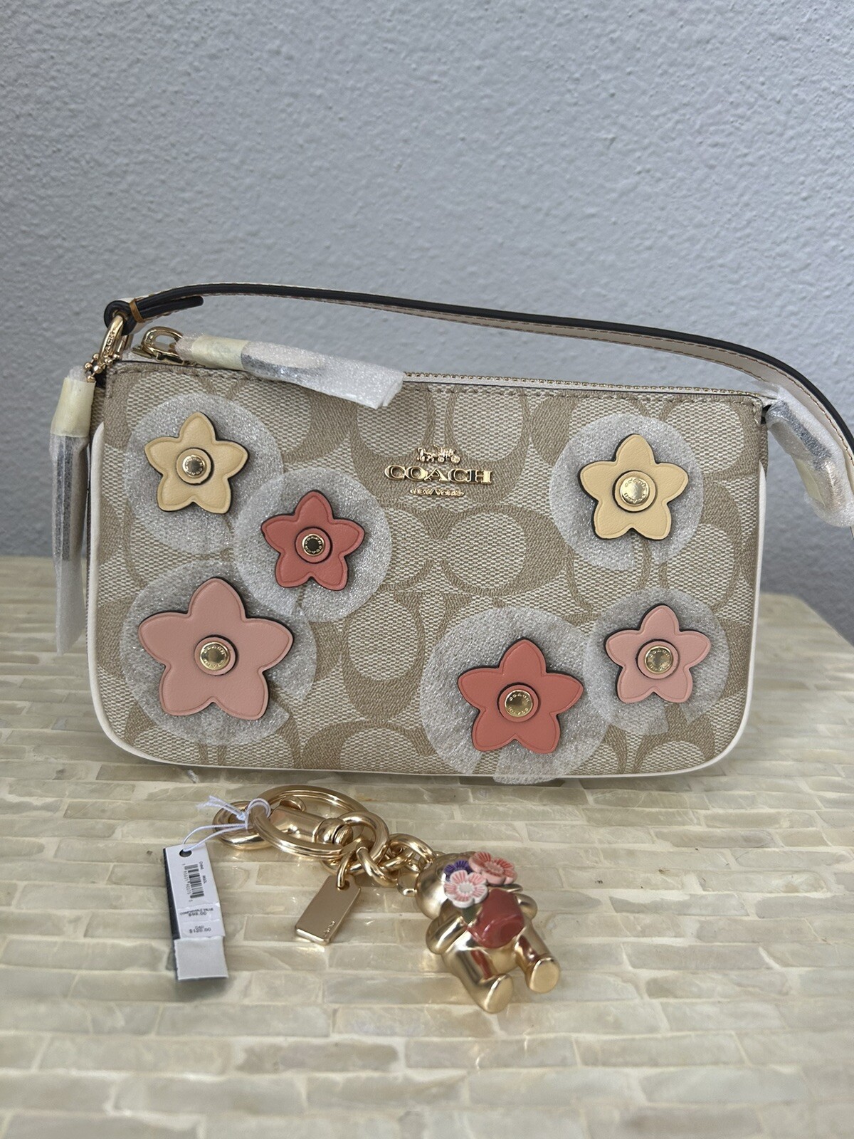 Coach Nolita 19 In Signature Canvas With Floral Applique & Garden Bear Bag Charm