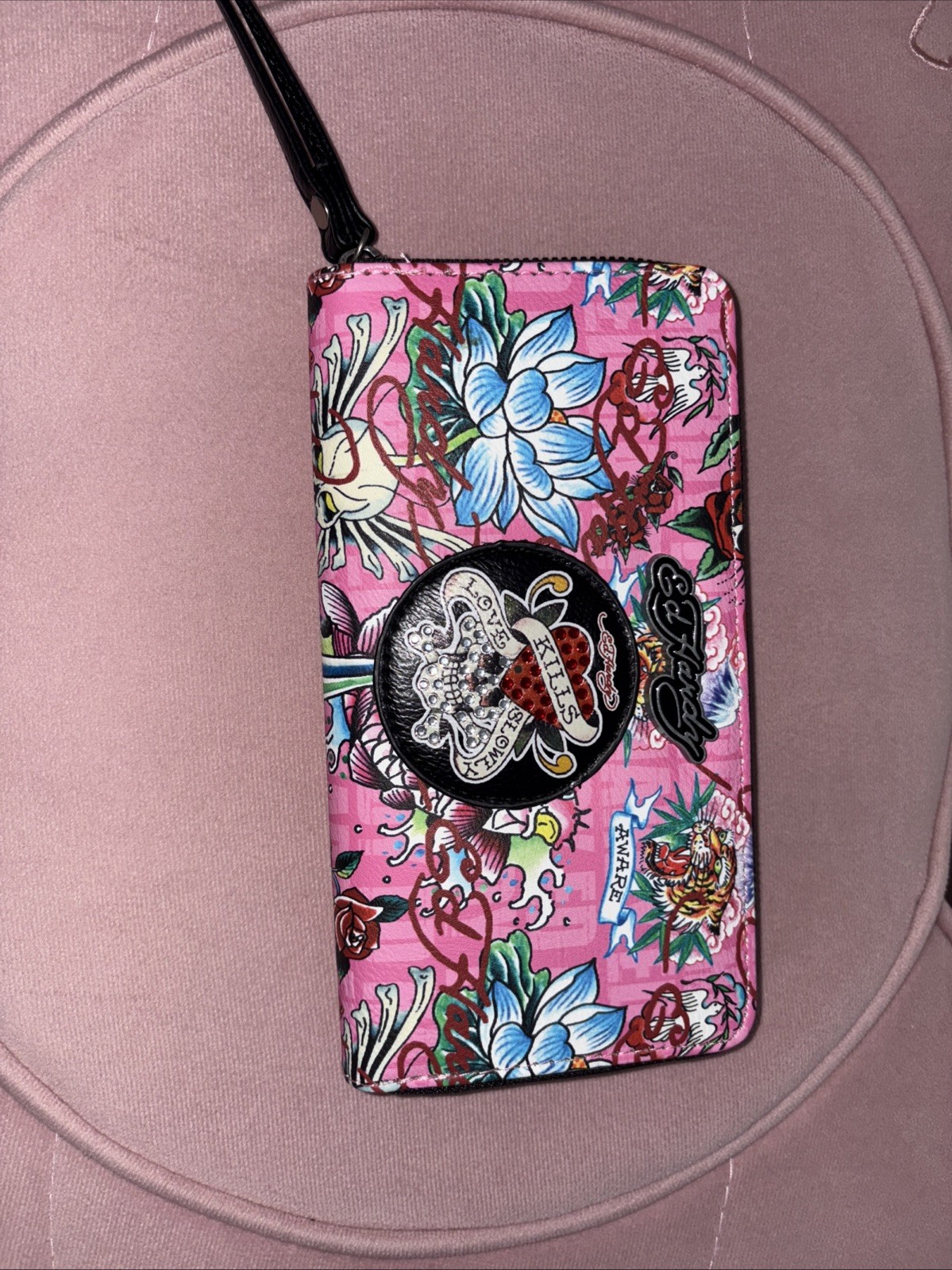 Ed Hardy ‘Love Kills Slowly’ Shoulder Bag W/Adjustable Strap + Pink Wallet