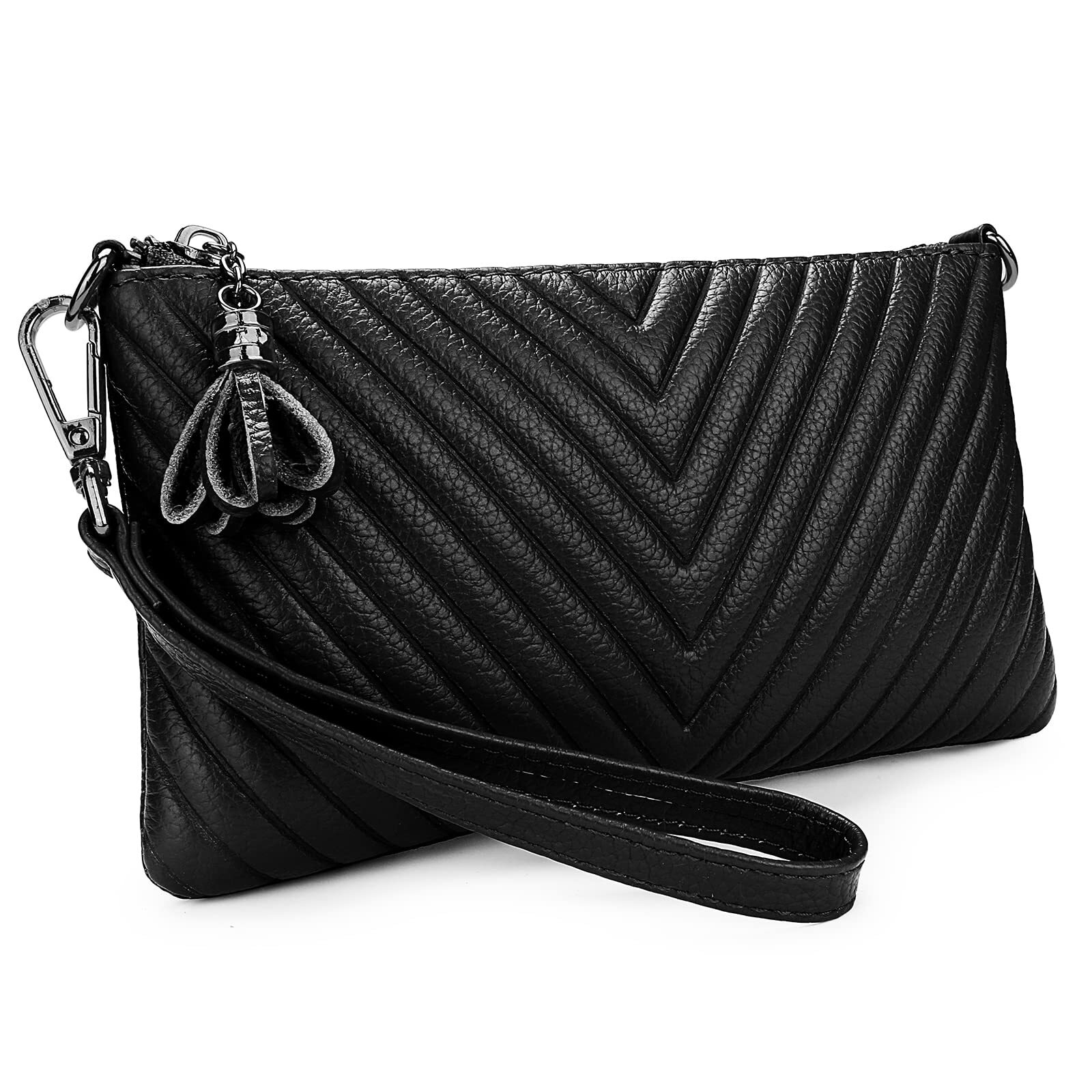 Womens Wristlet Real Leather Chevron Tassel Large V Clutch with Shoulder Strap
