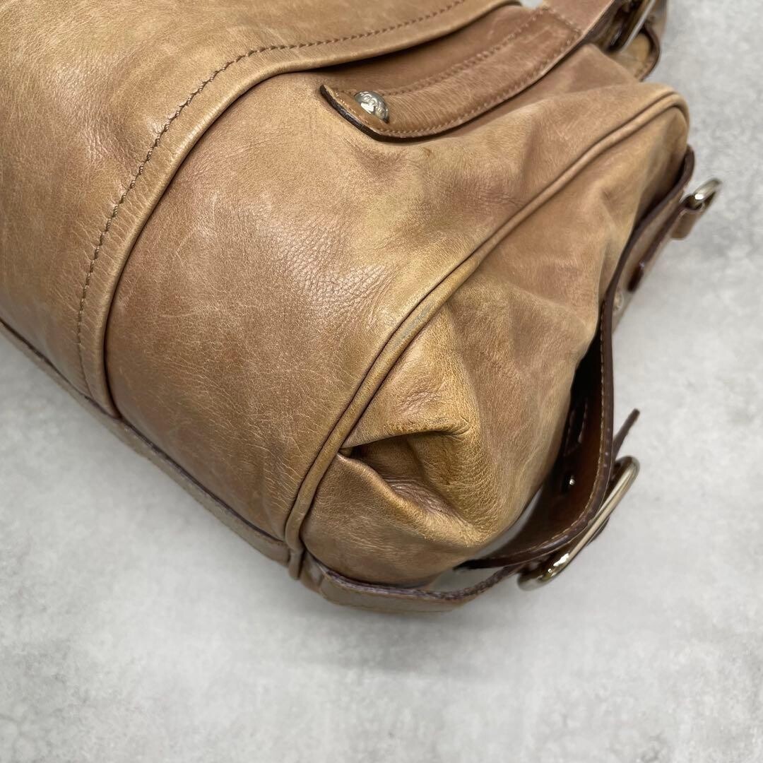 Tods Beige Leather Tote Bag Silver Logo Buckle Shoulder Boston Dust Bag