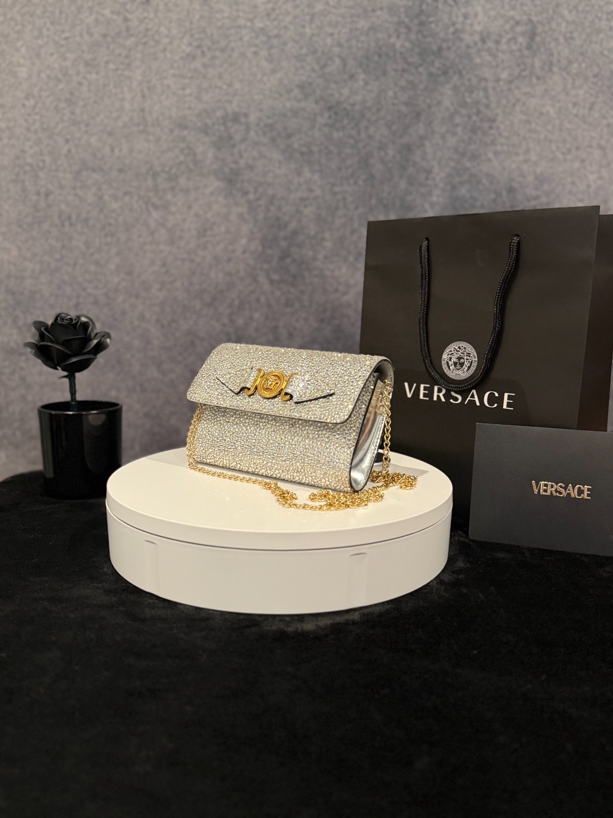 Authentic Versace La Medusa Crystal Mini Bag in silver with mixed metal hardware