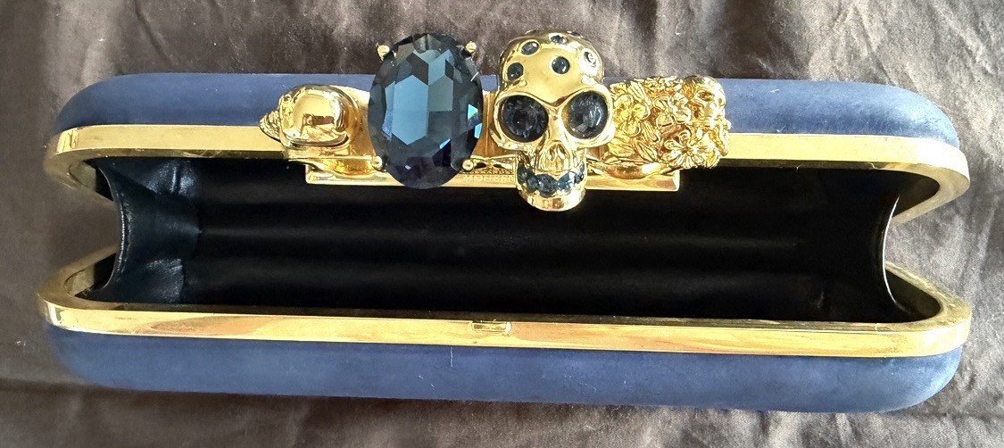 Alexander McQueen Blue Suede Skull Knuckle Clutch Gold Hardware Studded Dust Bag