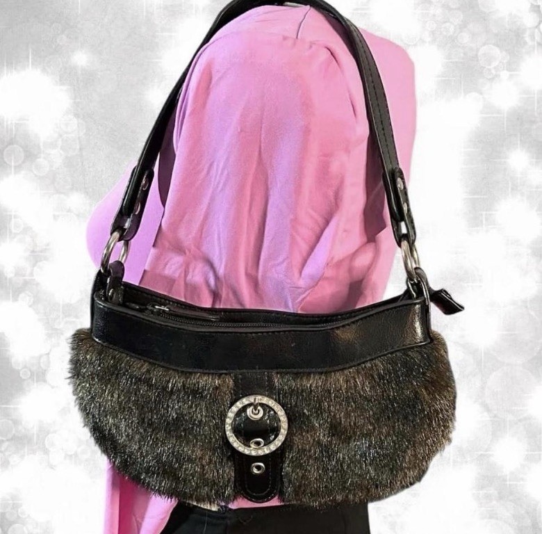 Luxury Style Elegant Faux Fur Mini Shoulder Bag with Rhinestone Buckle Accent