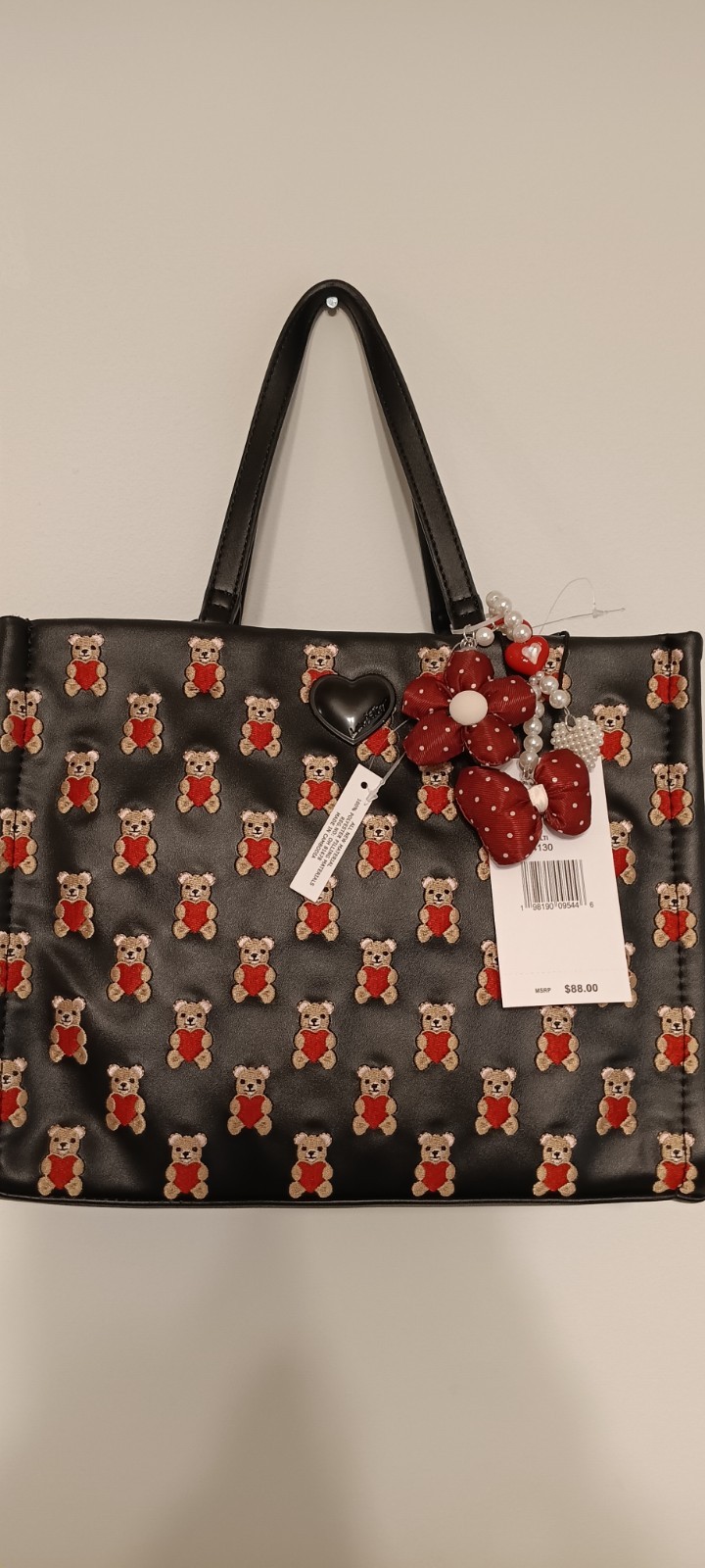 “New” Betsey johnson teddybear shoulder bag black with flower Keychain
