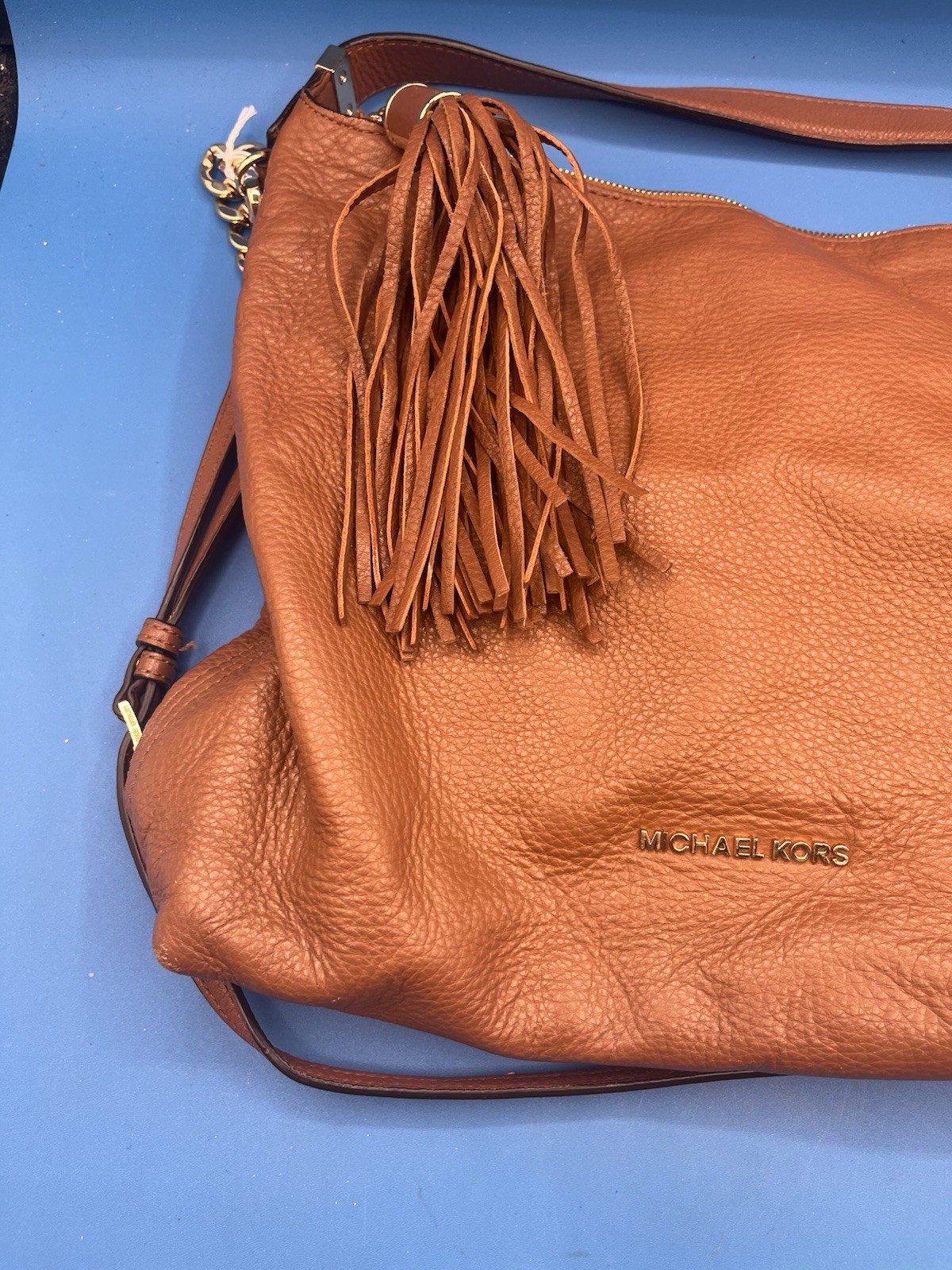 Michael Kors Weston Soft Pebbled Leather Purse Bag Gold Tone Amber Brown