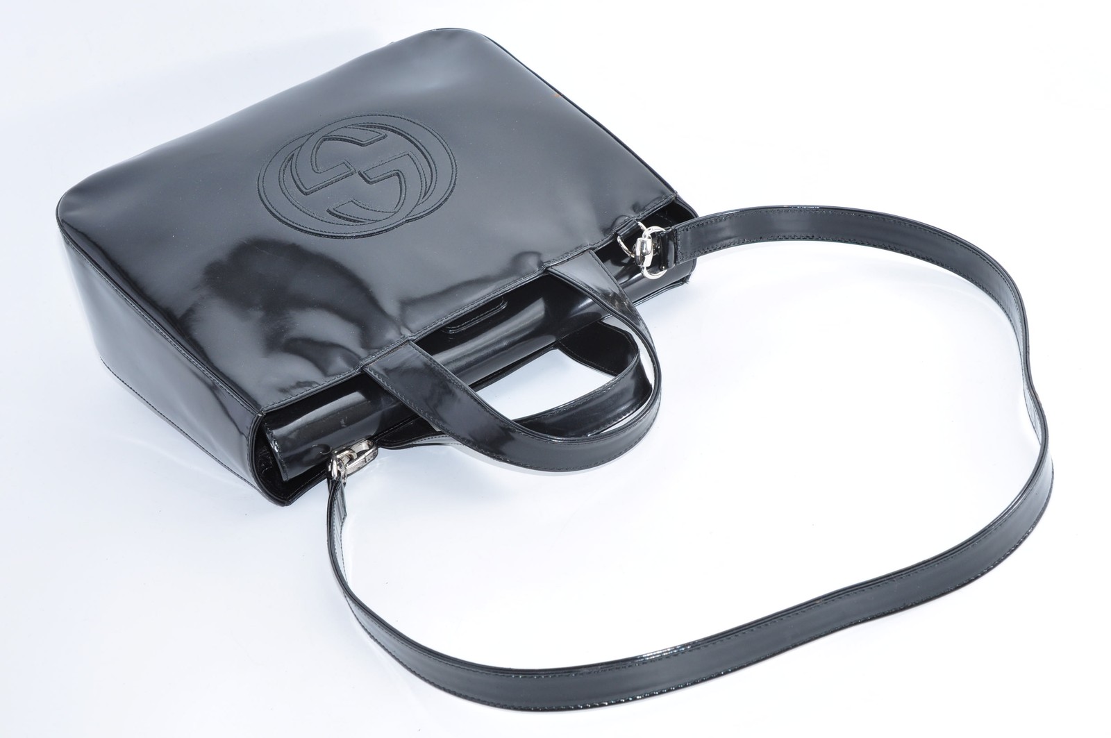 GUCCI GG Enamel Hand Bag Tote Bag Leather Black Silver Used Auth 613095