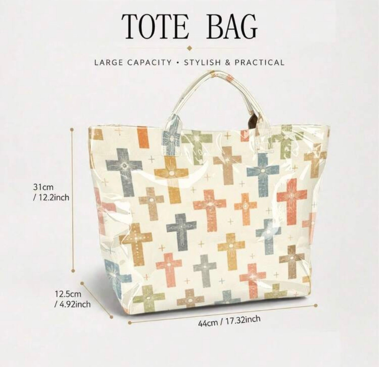 Boho Cross PVC Tote Bag Large Capacity Waterproof Christian Faith Cottagecore Gi