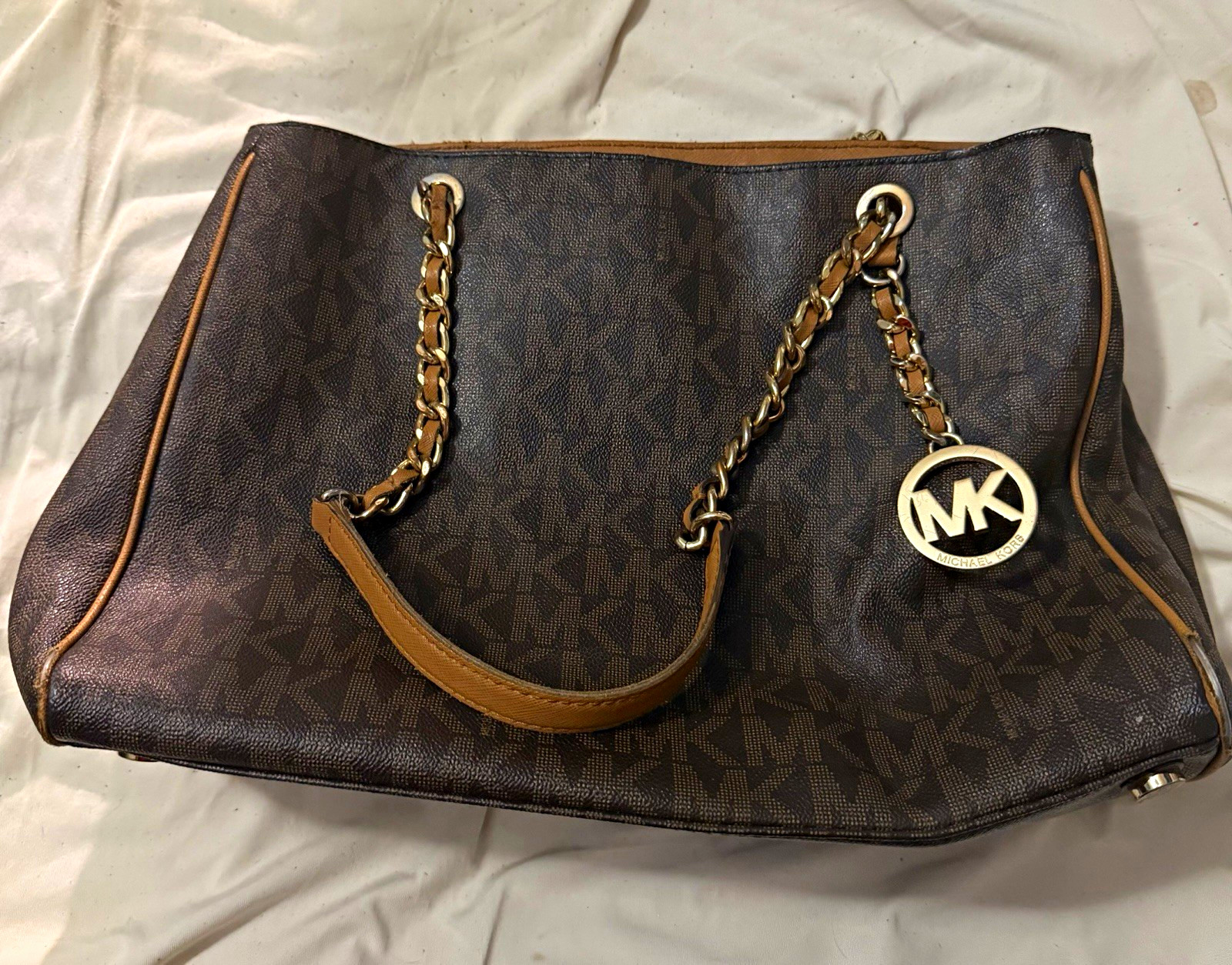 Michael Kors Brown MK Monogram Shoulder Bag Zip Gold Chain Straps Charm