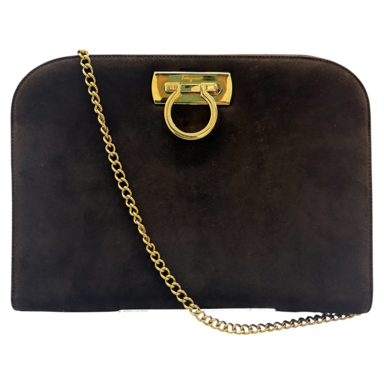 Salvatore Ferragamo Gancini Shoulder Bag Clutch bag Brown Gold Hardware Suede