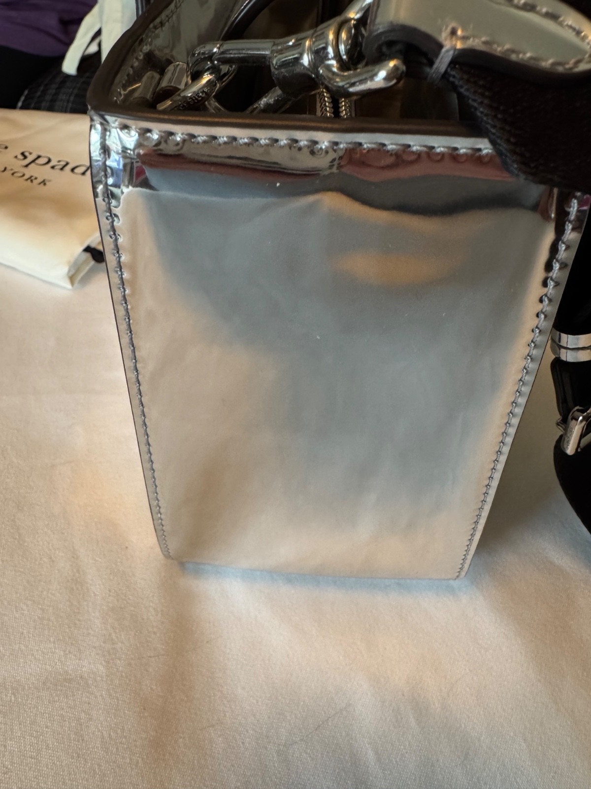 Metallic Mirror Silver Kate Spade Sam Icon Small Rectangle Crossbody Tote EUC
