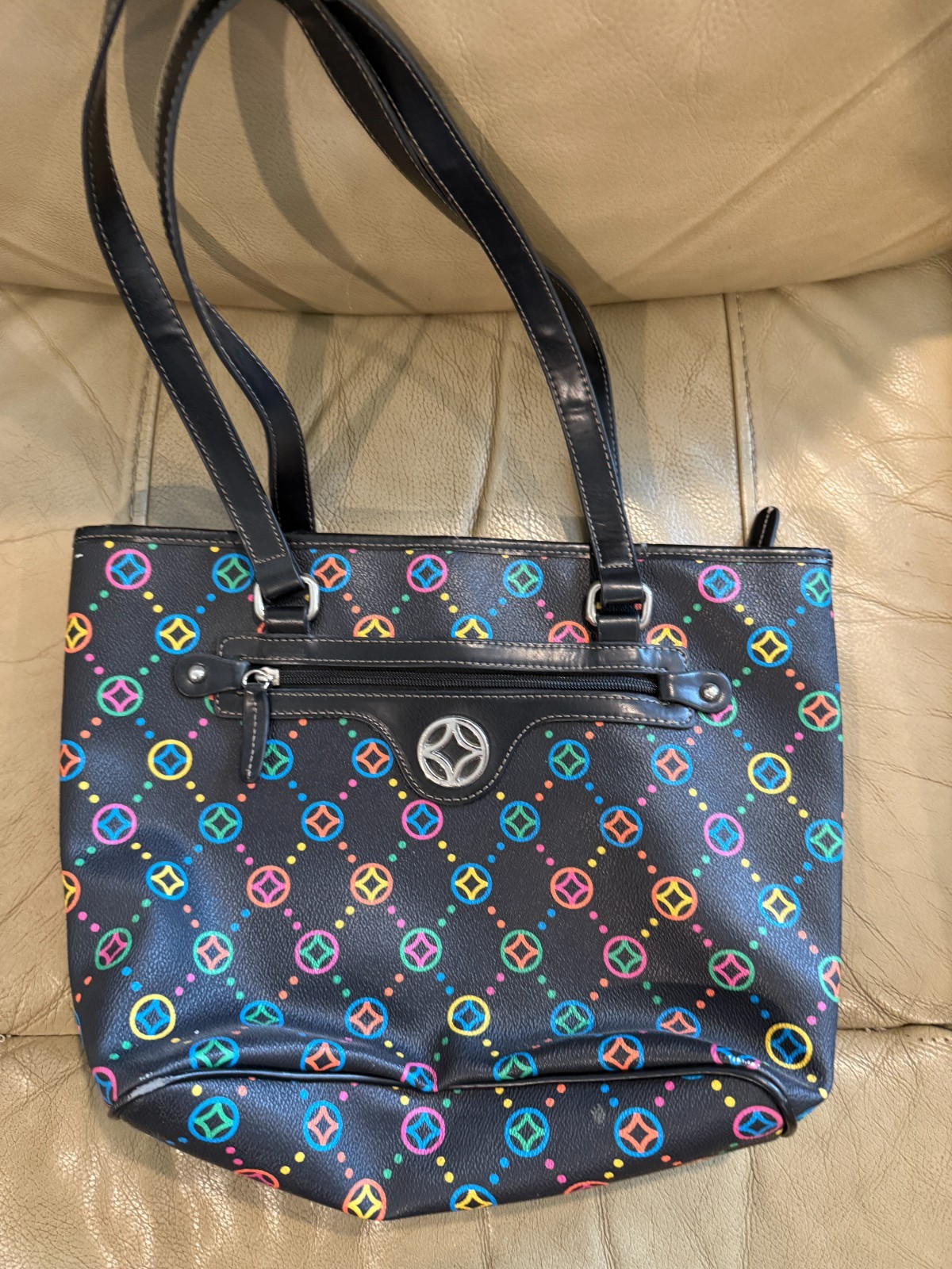 Multi-Color Geometric Pattern Shoulder Bag Tote Black Neon Rainbow Purse Zip Top