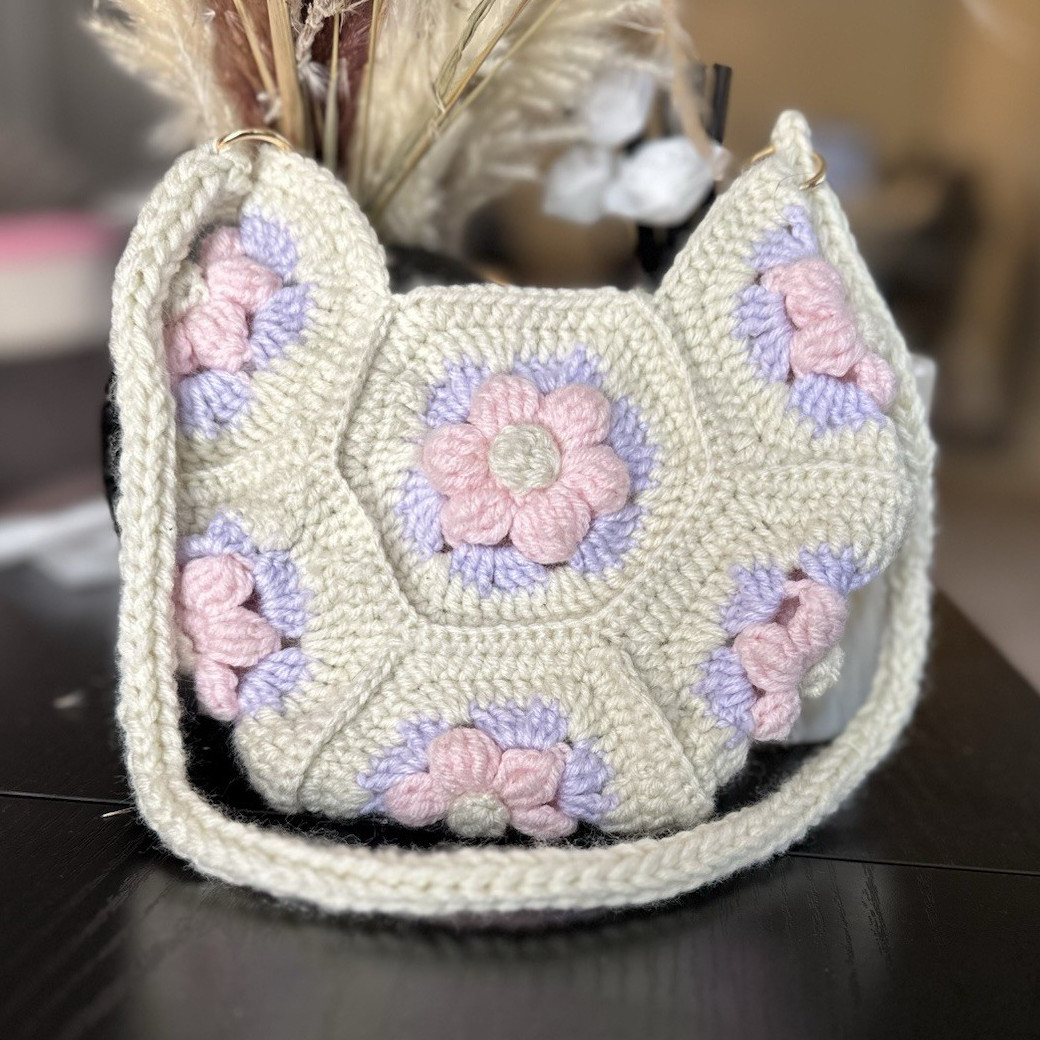 Handmade Crochet Floral Granny Square Small Shoulder Bag Cream Pink Purple