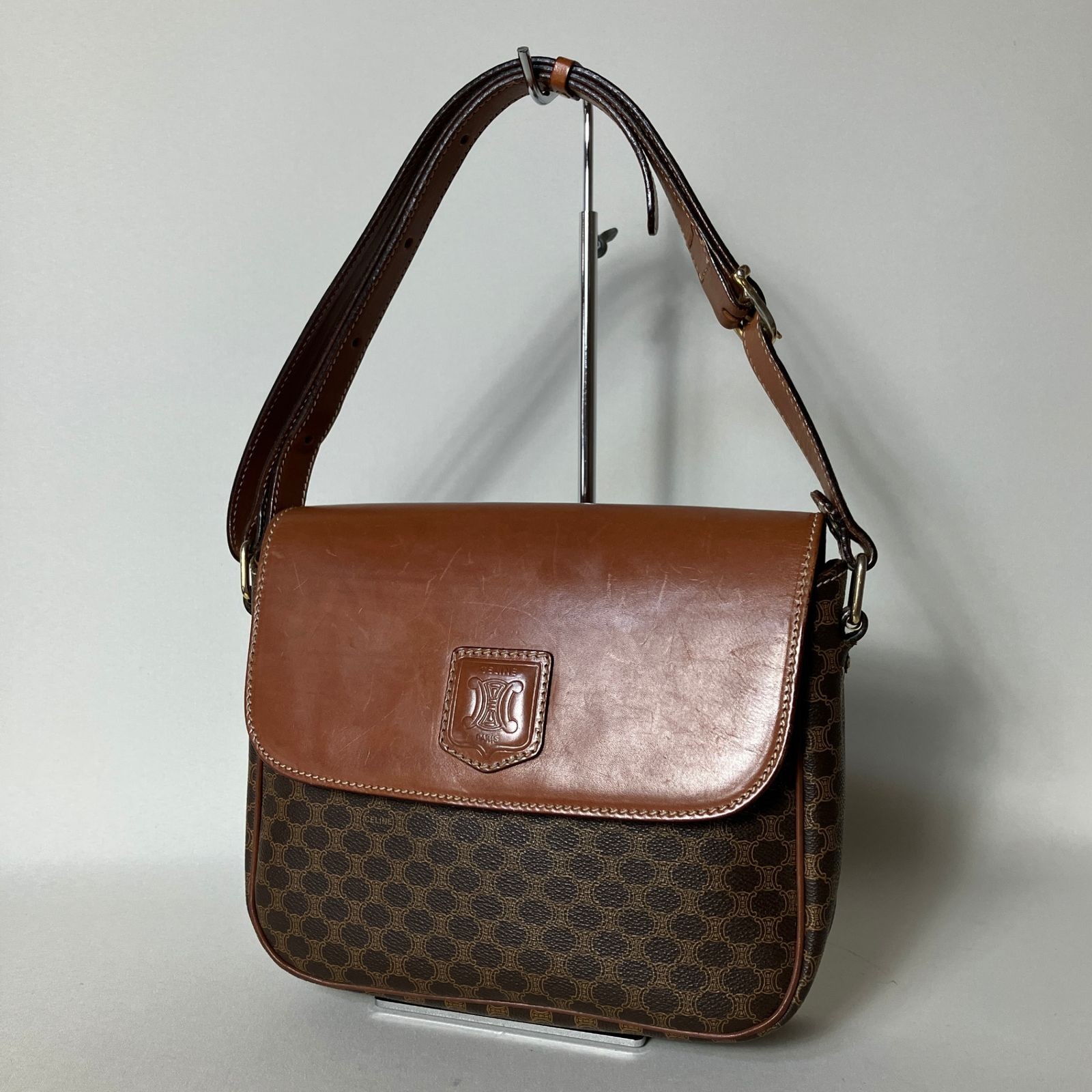 Celine Brown Macadam Pattern Shoulder Bag with Triomphe Vinyl Used Japan