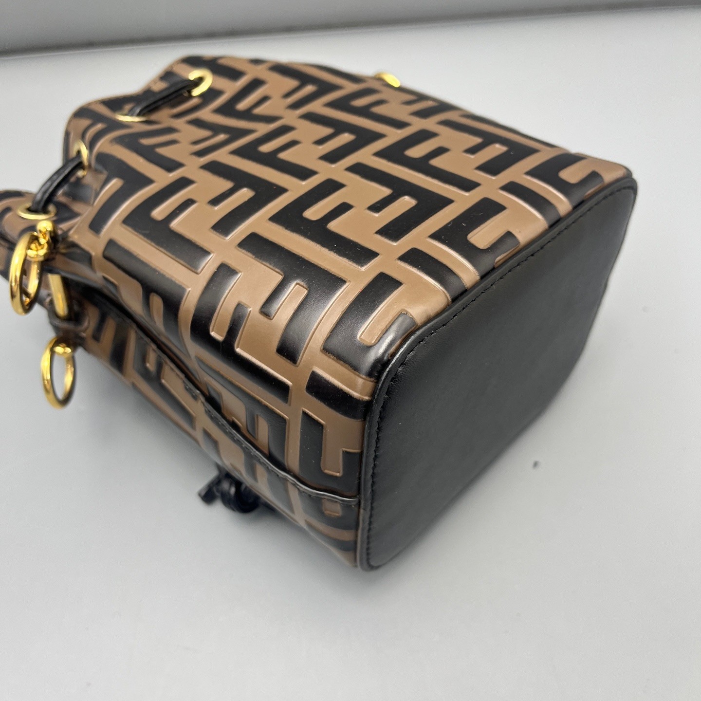FENDI Mon Tresor Bucket Crossbody Bag FF Mini Black Brown Embossed Leather Gold