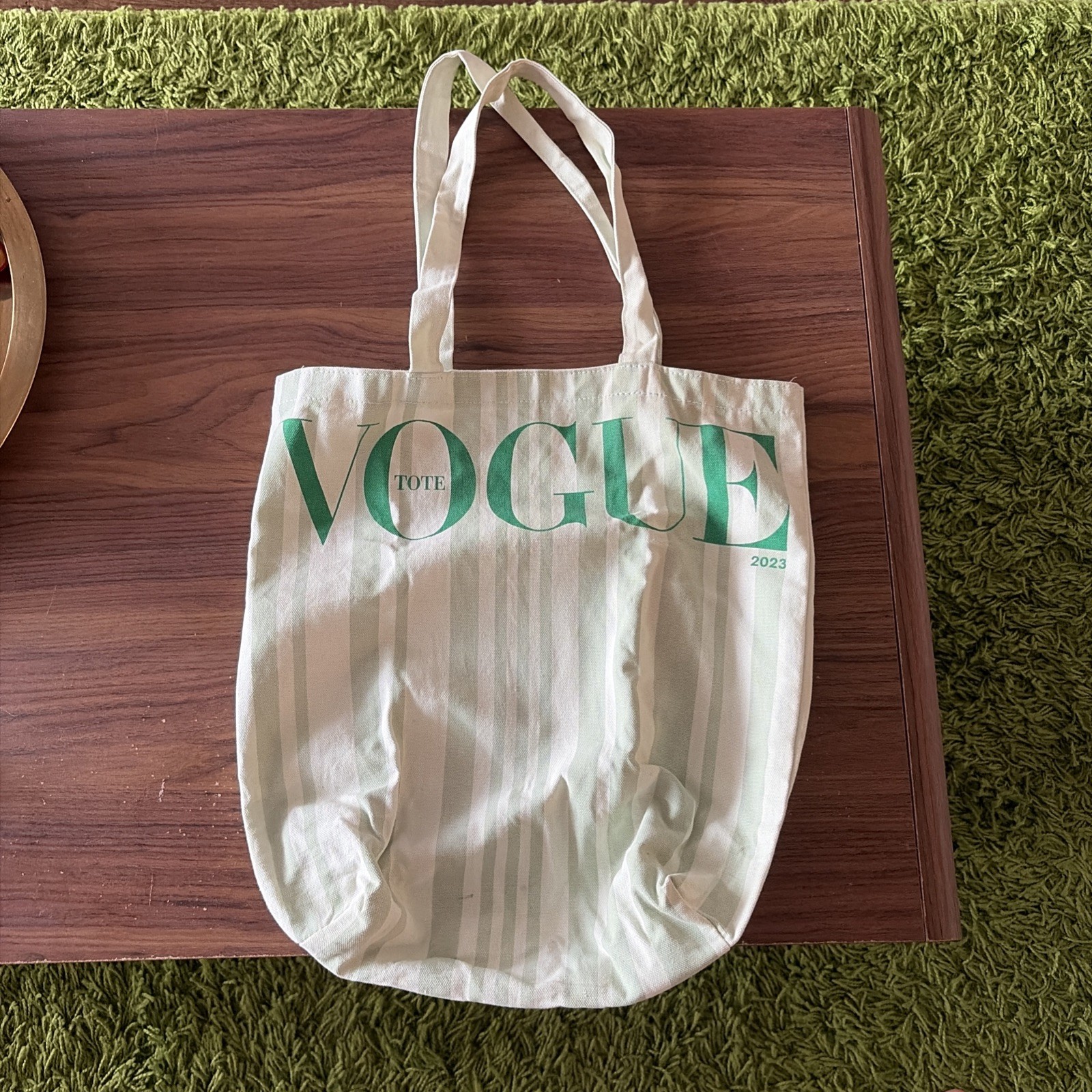 Vogue 2023 Green Striped Canvas Stylish Tote Bag