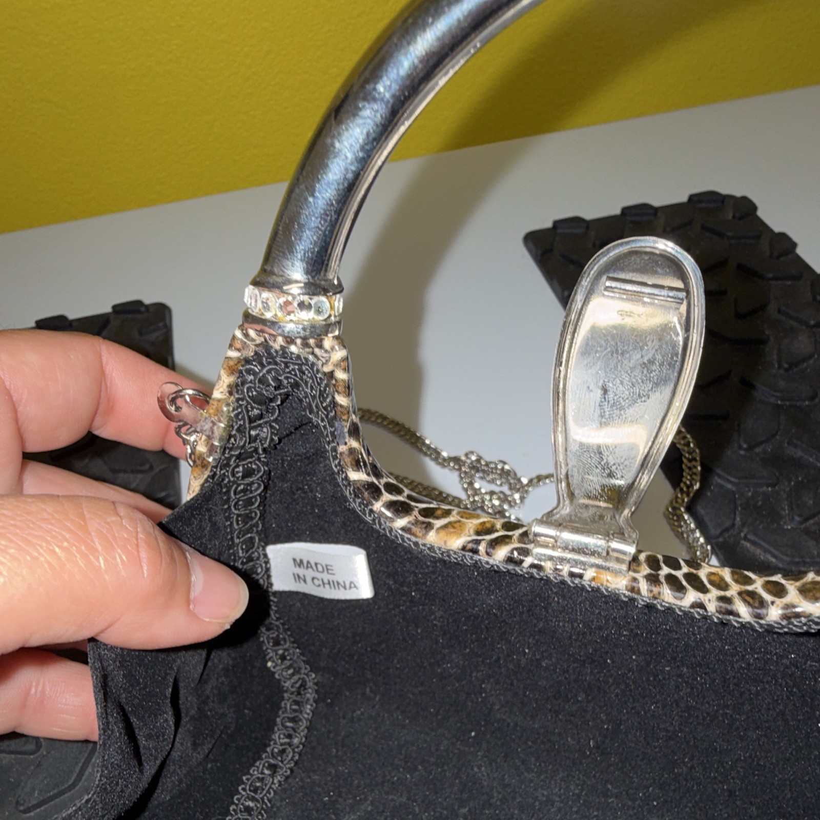 Brown Black Snake Print Mini Handbag Silver Top Handle Chain Strap Rhinestone