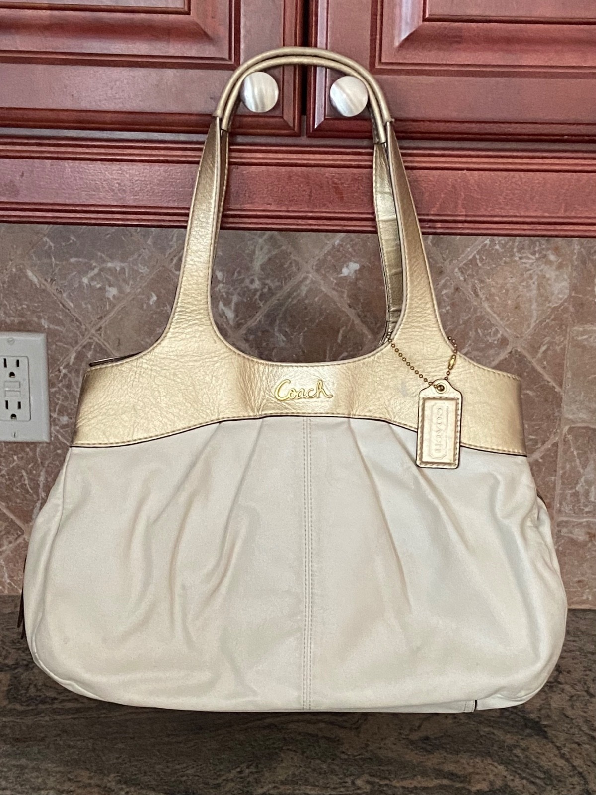 Coach Lexi Handbag Double Handle Cream & Gold Purse, Purple Lining L1094-F16312