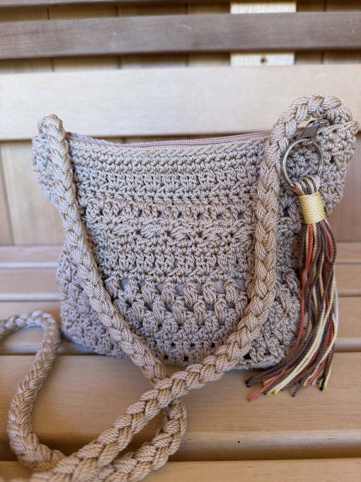 Croft & Barrow Crochet Crossbody Bag Beige Boho Knit Woven Purse Zipper Tassel
