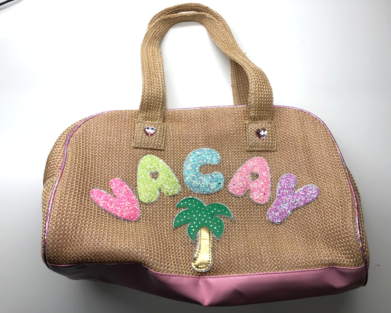 Vacay Straw Weekender Duffel Bag OMG Accesories Beige Pink Womens Glitter Handle