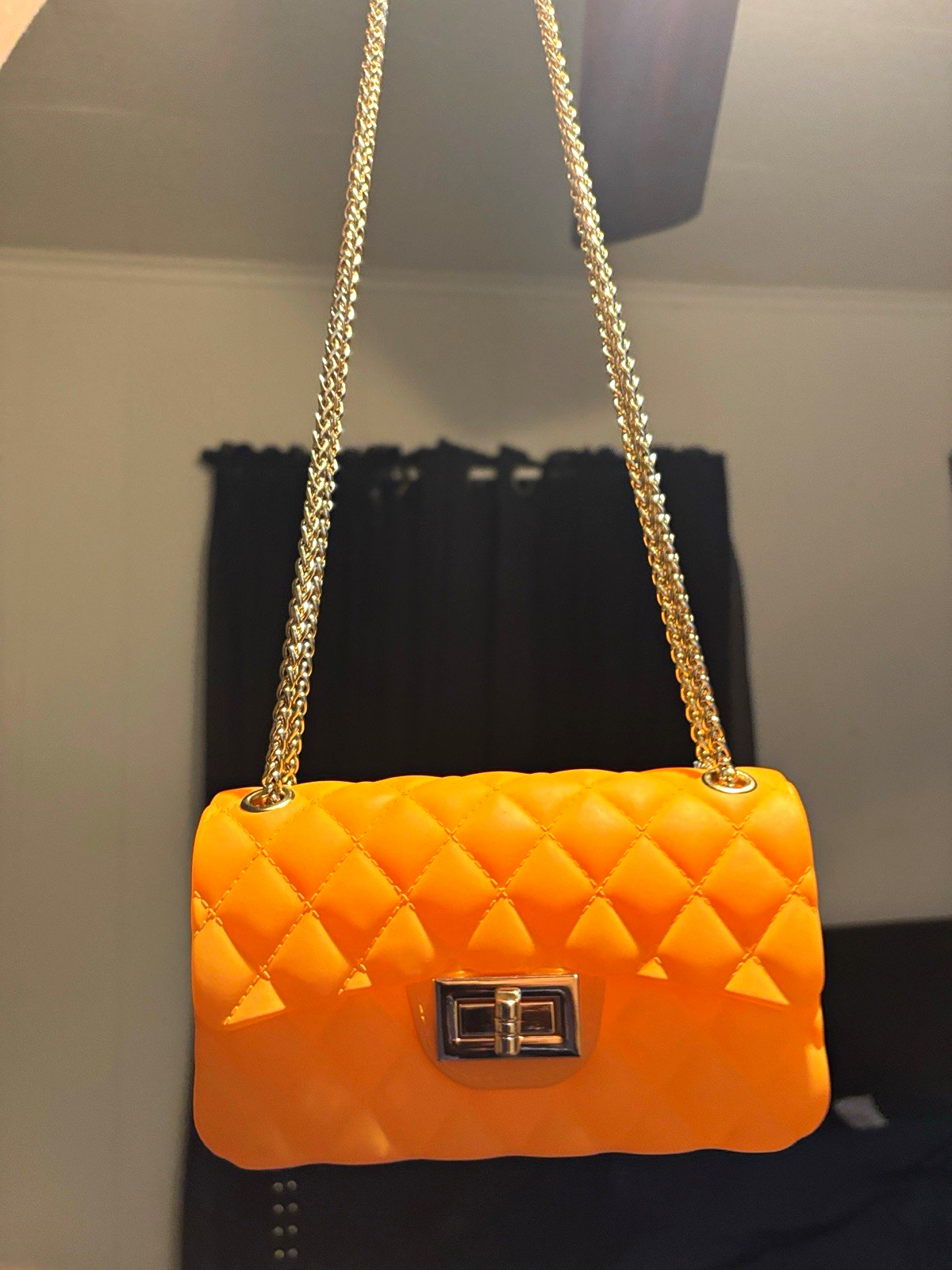 Orange Quilted Crossbody/Shoulder Bag w/ Gold Chain Strap Turn-Lock, Detach