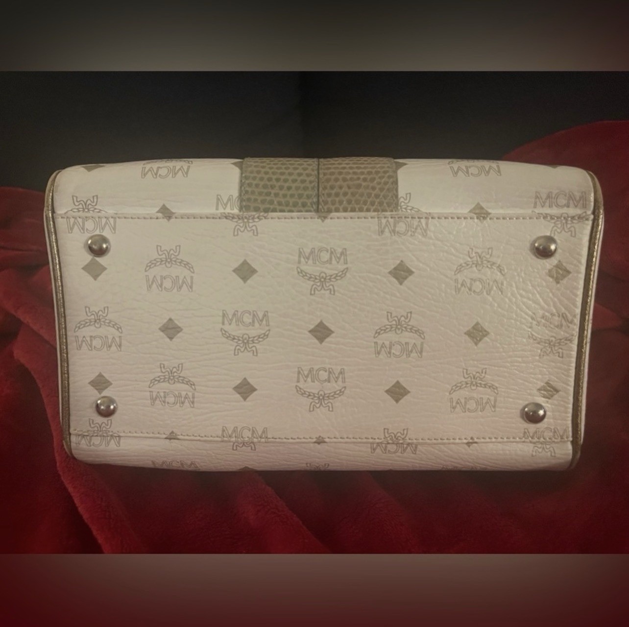 MCM Visetos Leather White Boston Bag Monogram Satchel Top Handle Zip Closure