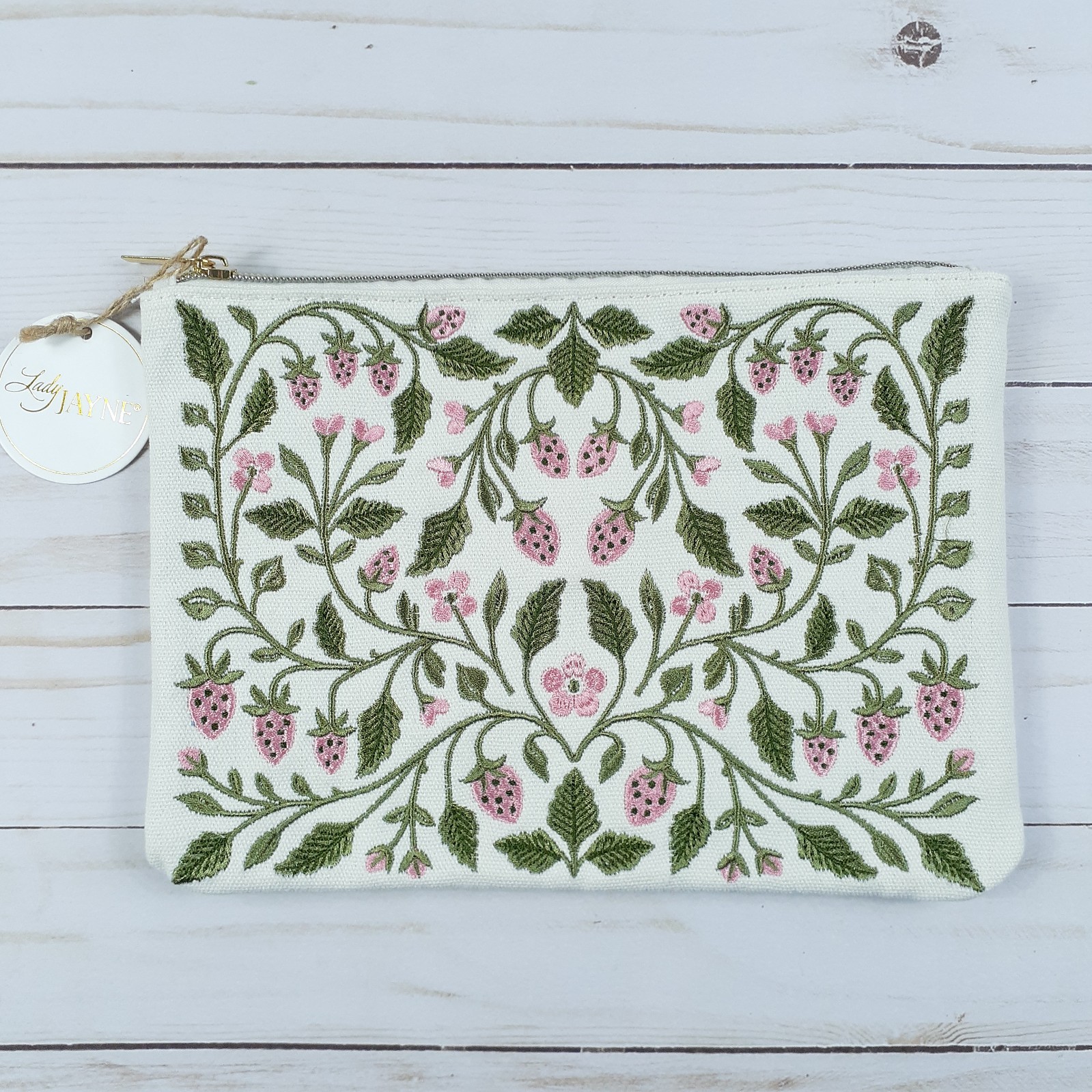 Lady Jayne Zipper Pouch Pink Strawberry Floral Embroidered 9.5×7 inch