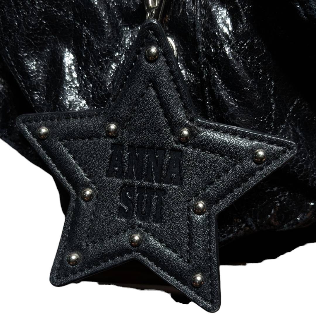 ANNA SUI Black Enamel Grain Backpack Star Charm Y2K Japan Excellent