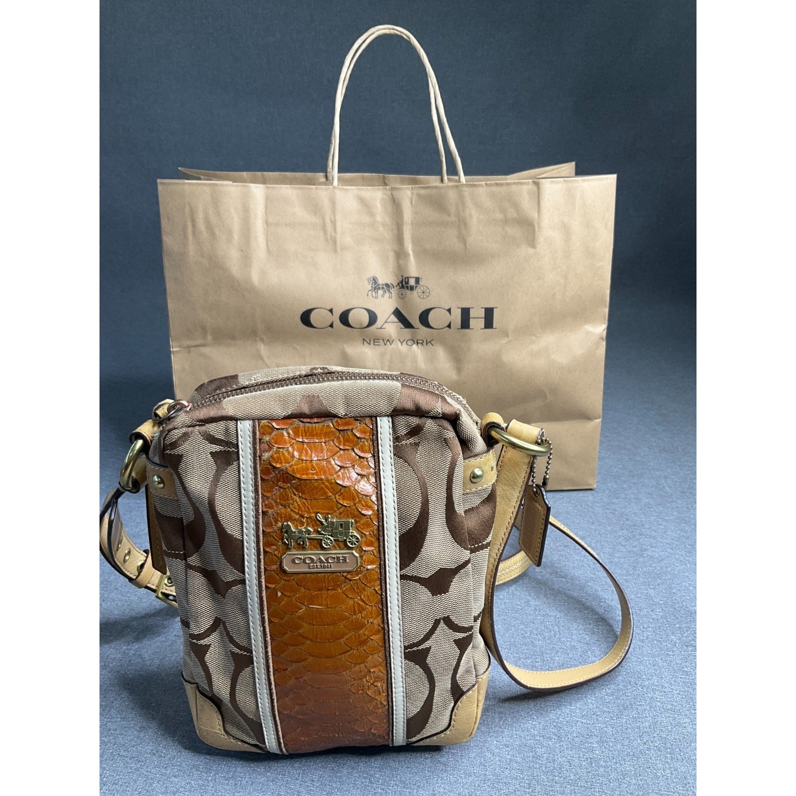 Vintage Coach 12471 Python Print Beige Orange Canvas Leather Shoulder Bag Auth
