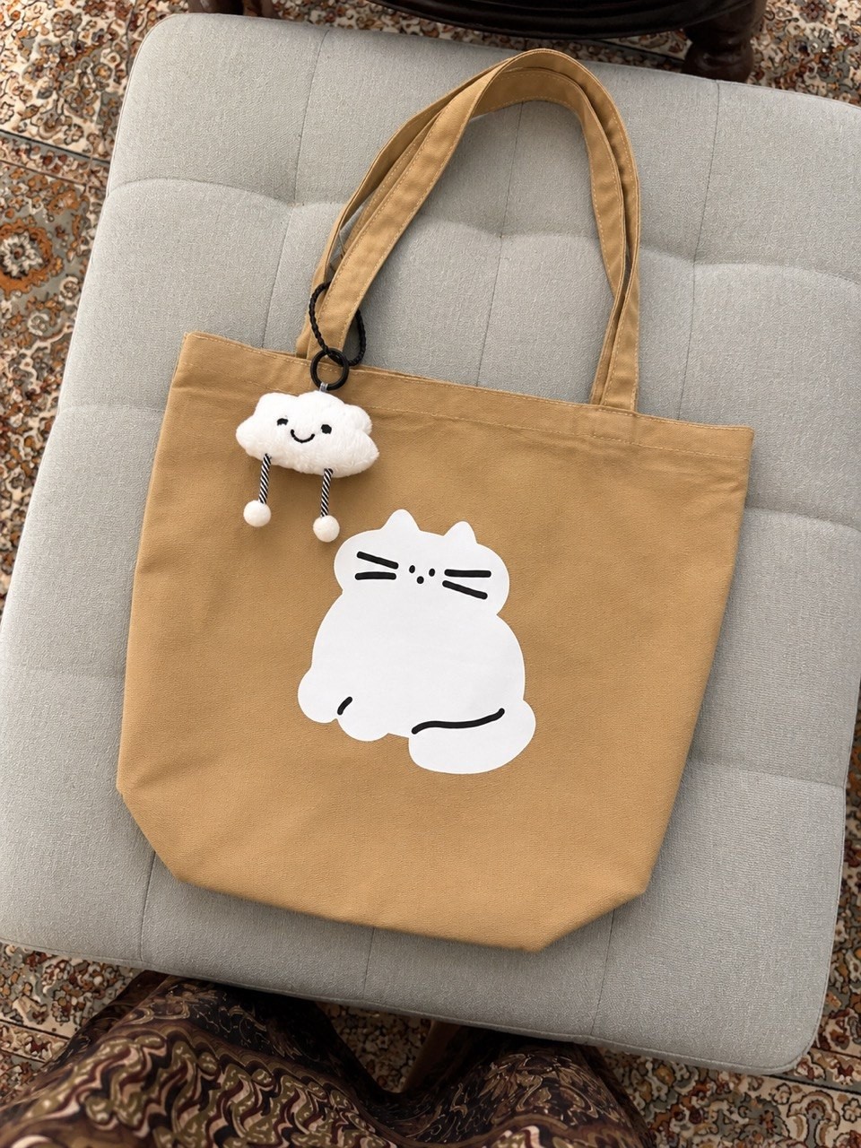 Cute Cat Canvas Sling Bag With Cloud Plush Charm