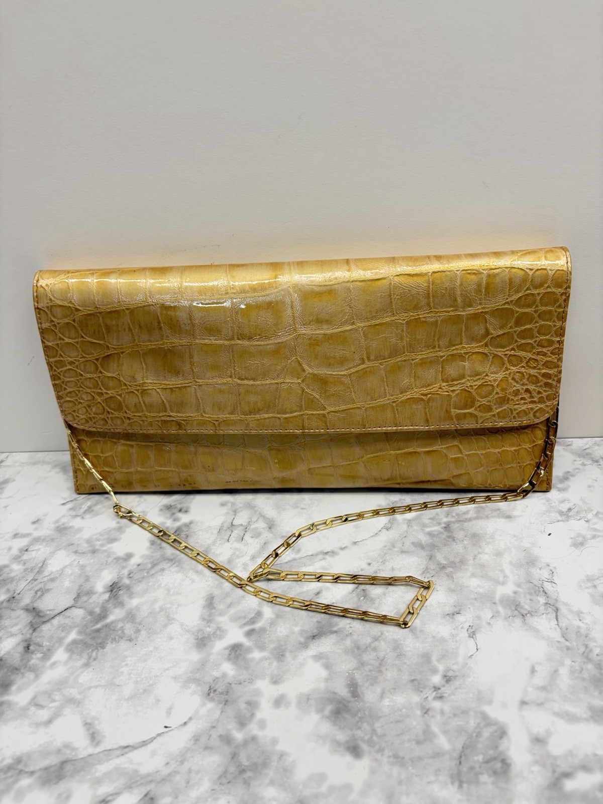 CARLOS FALCHI Gold Crocodile Embossed Clutch Chain Strap W/ Magnetic Clasp