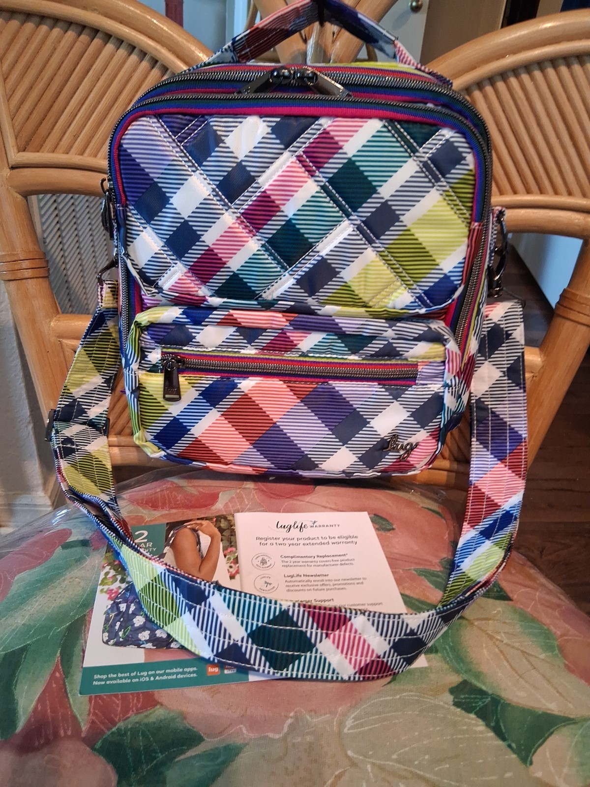 Lug Wrangler Crossbody Bag Multi Pocket Multicolor Playful Plaid Colorful *NWOT