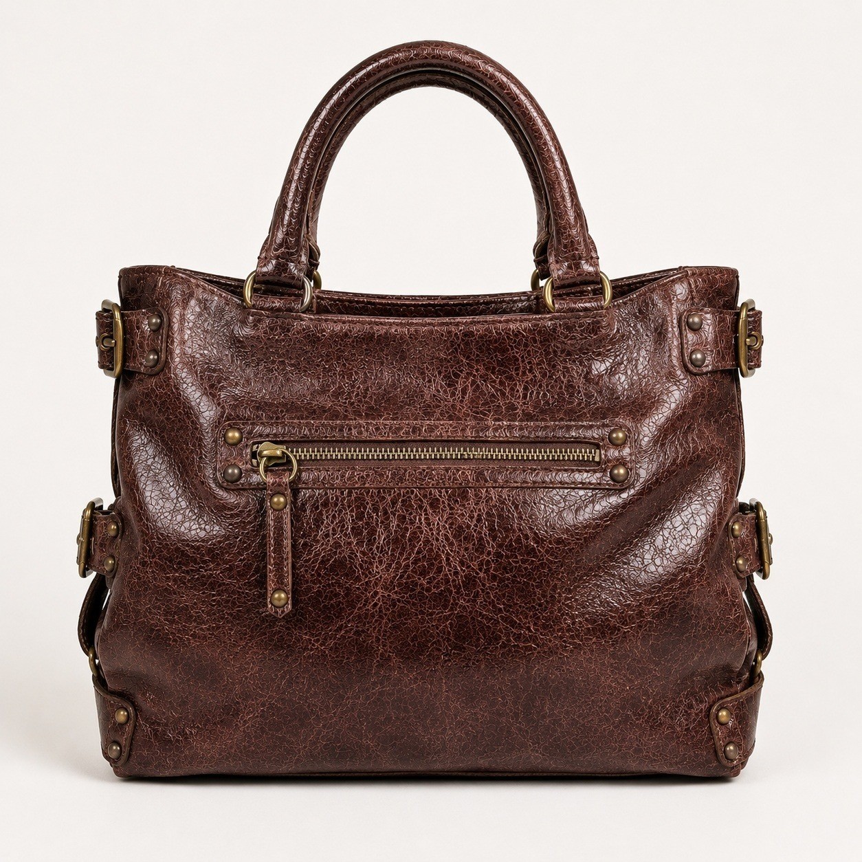 KOOBA Brown Distressed Leather Brass Studded Satchel Bag Boho Statement Edgy