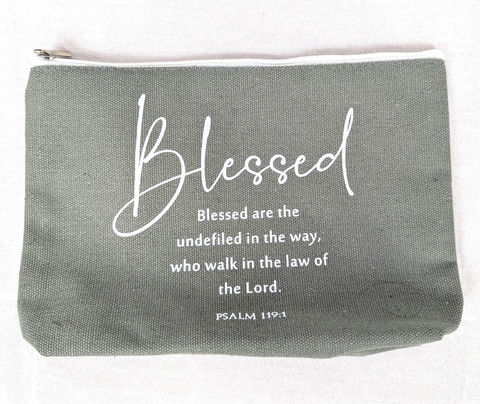 Zipper Mini Utiltiy Pouch Gray With White Letters Blessed and Psalm 119:1