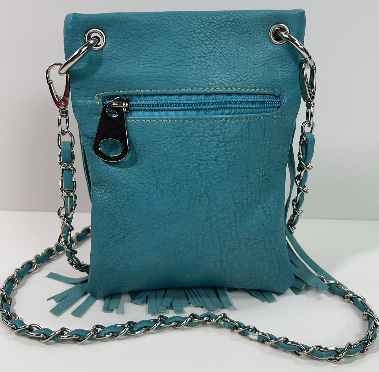 APT 9 Faux Leather Rhinestone Studded Crossbody Bag Chain Link Fringe Turquoise