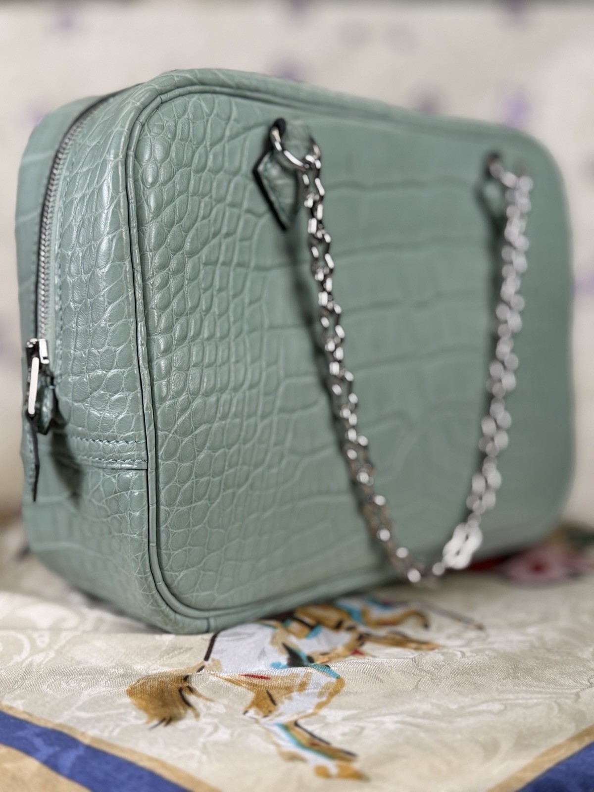 Hermes Mini Plume Chaine Vert D’eau- Alligator Palladium Chain Handles- One Off