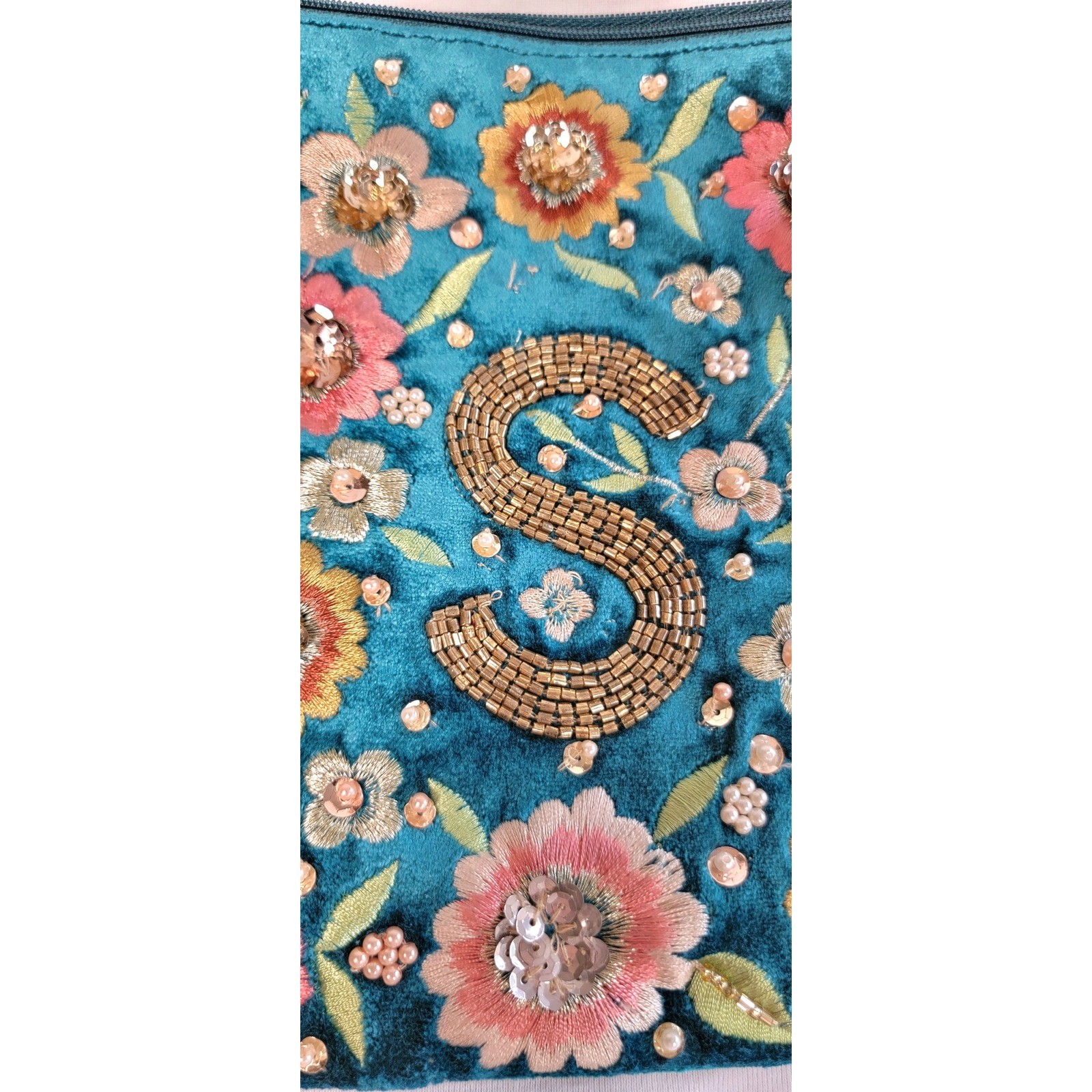 From India To You Teal Velvet Floral Embroidered Beaded Initial S Pouch Bag NEW