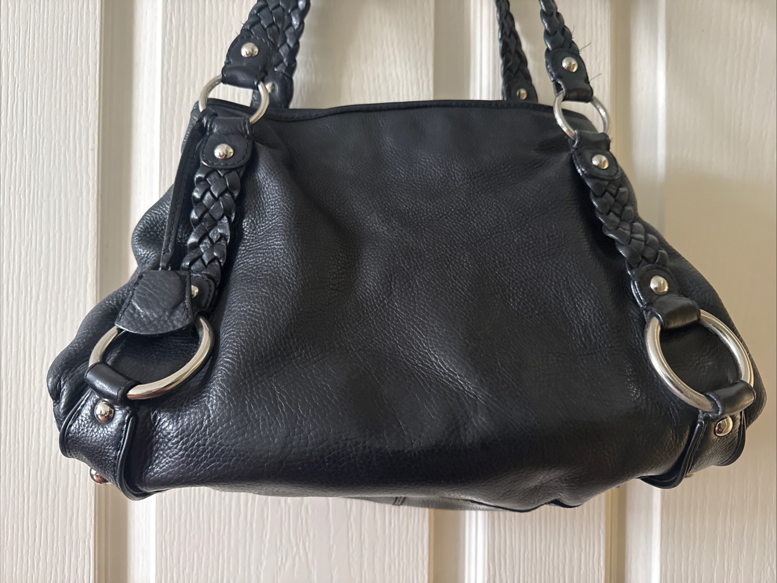 Banana Republic Black Genuine Pebbled Leather Braided Handle Chrome Hardware