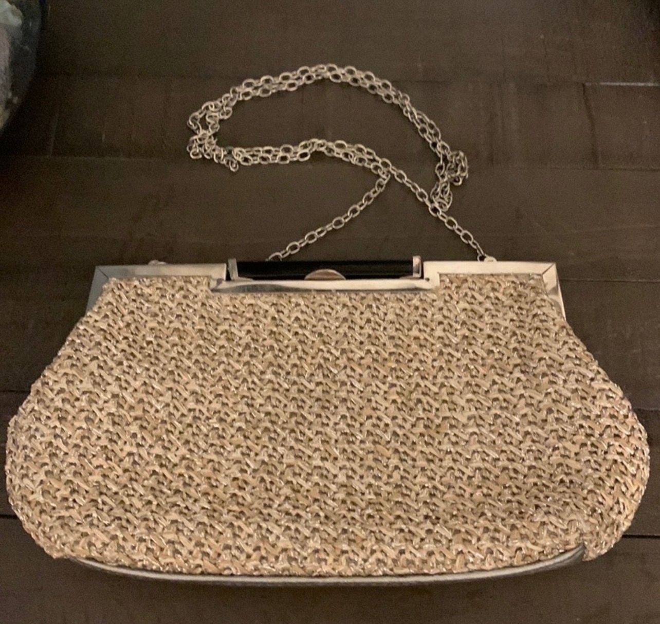 Bueno Woven Metallic Straw Evening Clutch with Silver Tone Chain and Frame